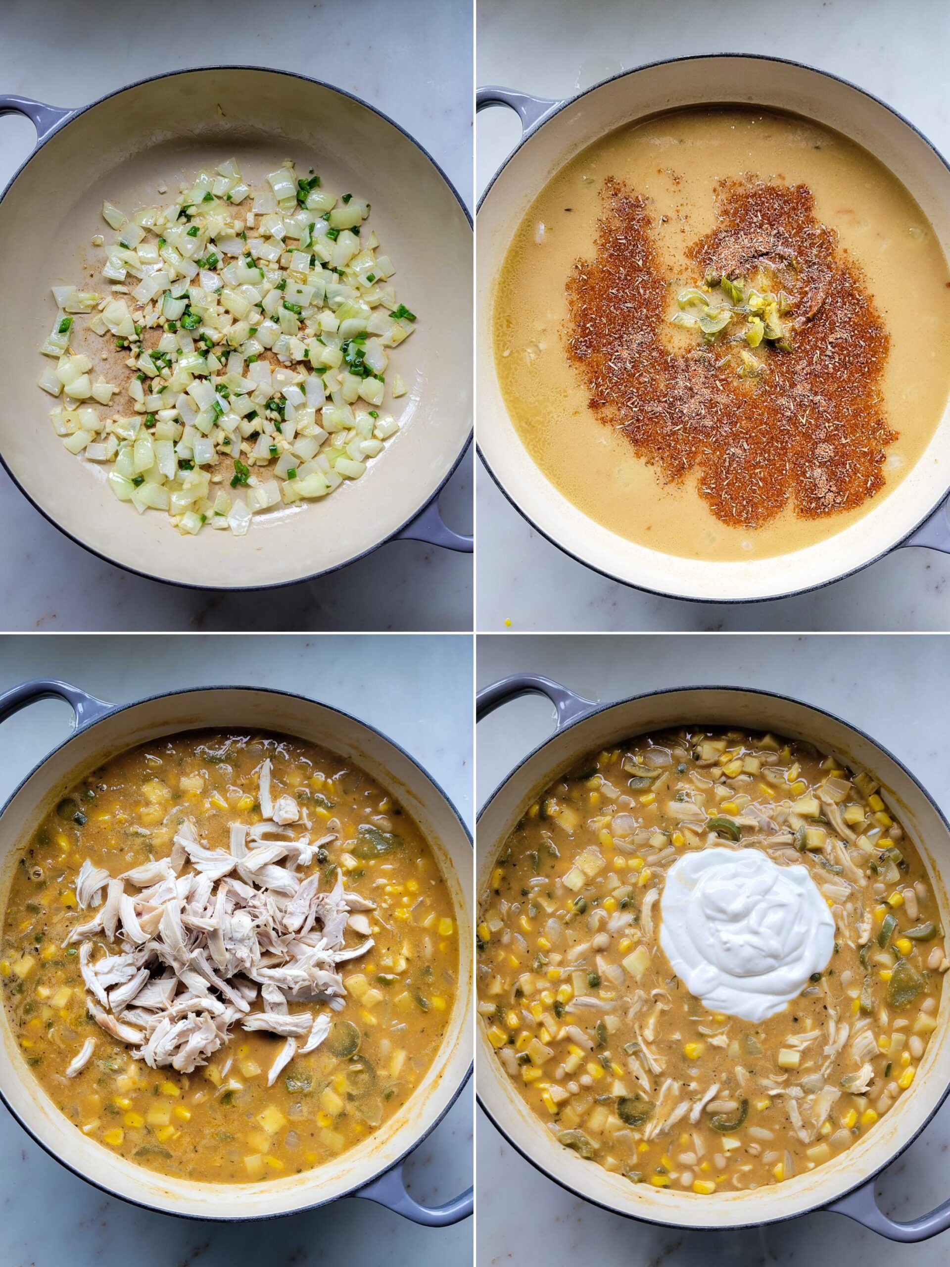 Collage showing the different stages of making White Creole Chicken and Bean Chilli.