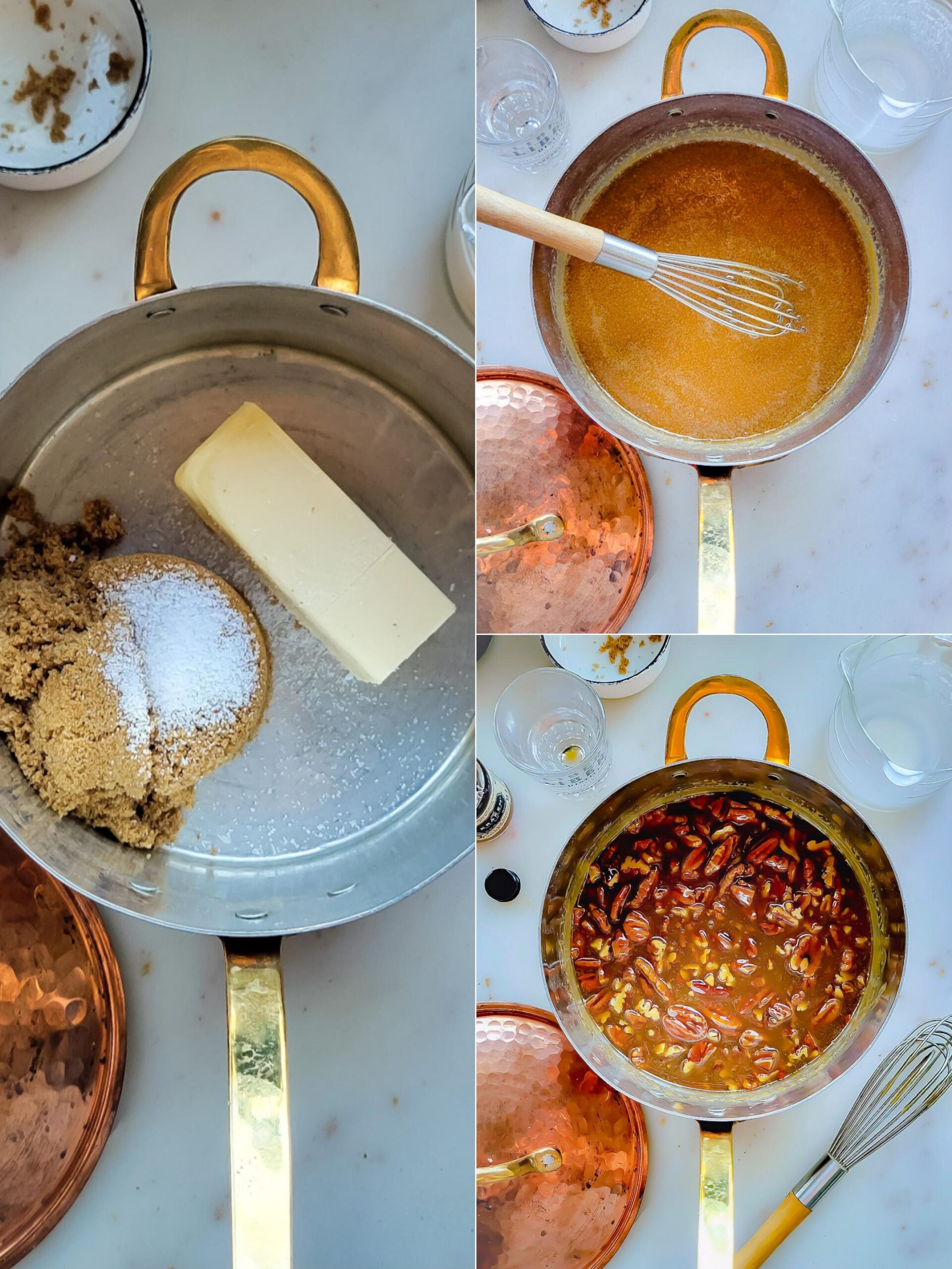 Collage showing the making of the Pecan Praline for the Pumpkin Cheesecake.