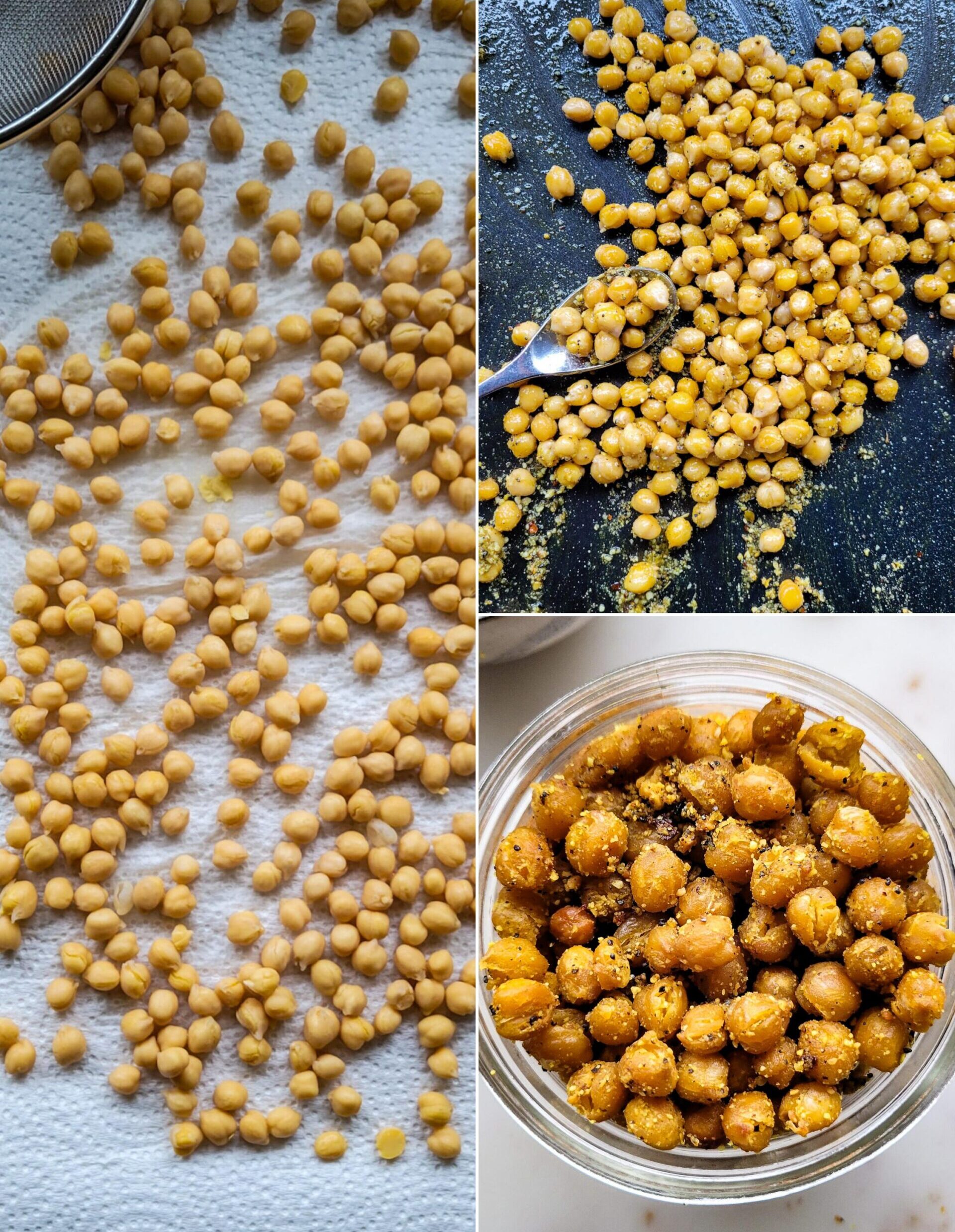 Collage showing the roasting of Dukka Roasted Chickpeas