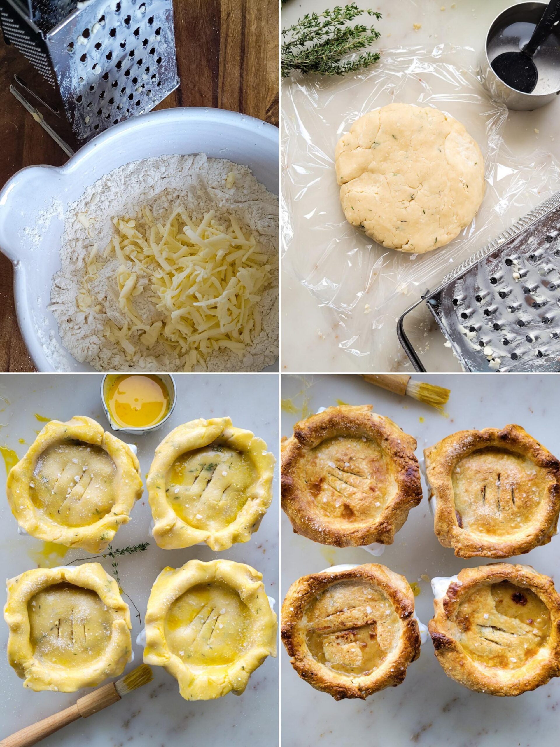 Collage showing the making of the shortcrust pastry for the Sage and Cider Turkey Pot Pies.