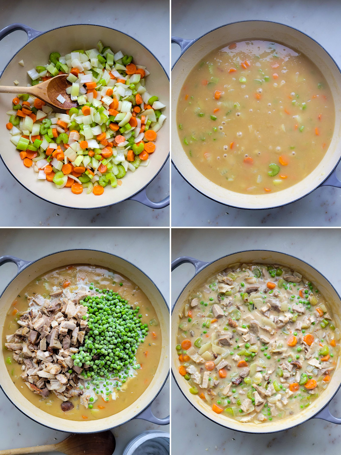 Collage showing the making of the Sage And Cider Turkey Pot Pie filling.