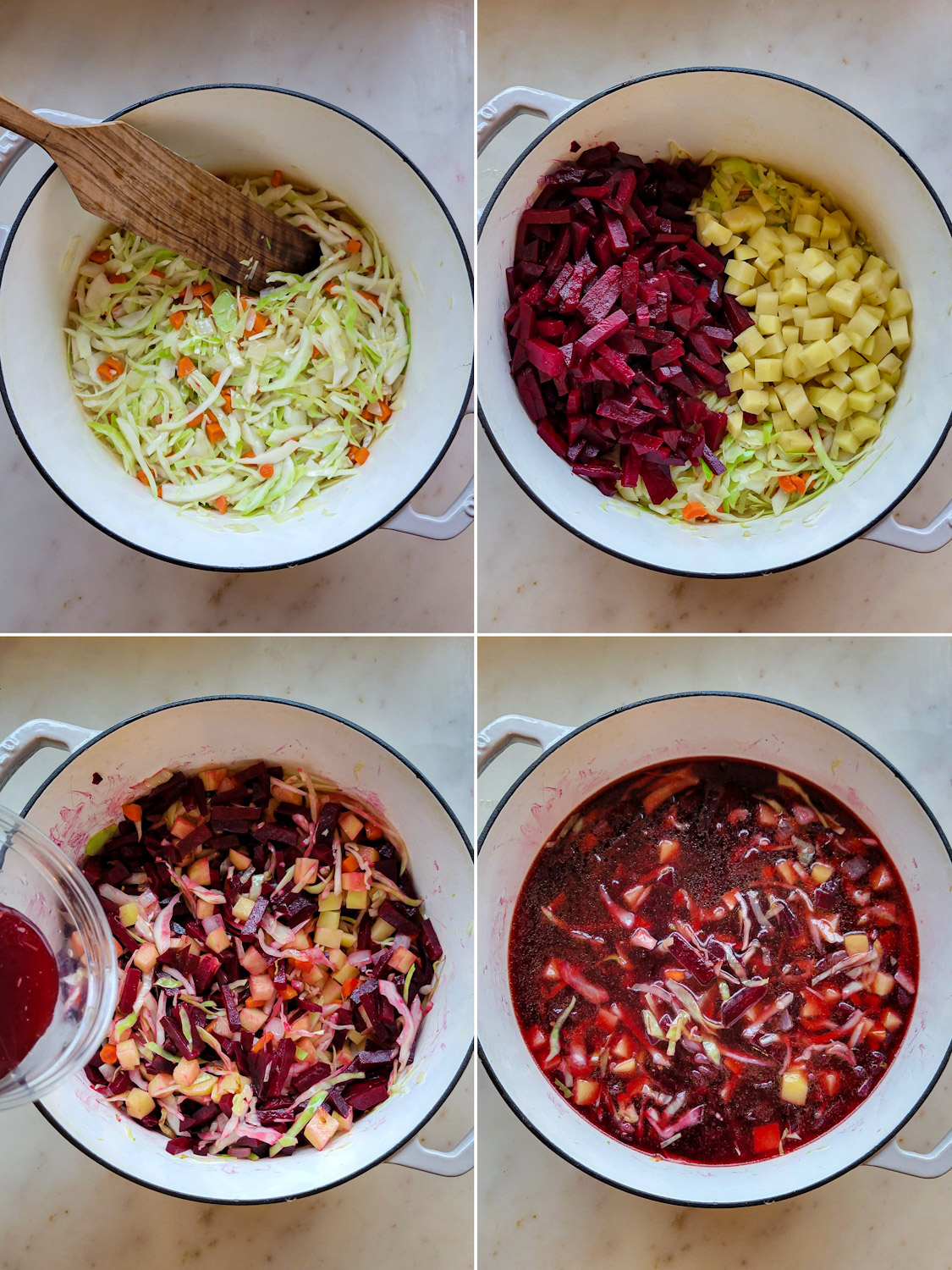 Collage showing the making of Borscht in Short Rib Stock.