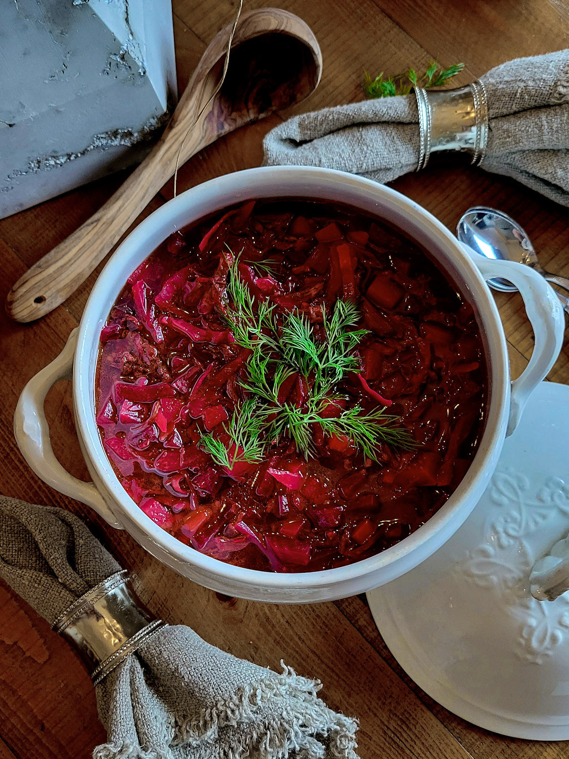 Soup Tureen filled with Borscht in Short Rib Stock.