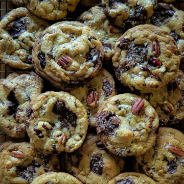 close up of Brown Butter Double Chocolate Cherry Cookies