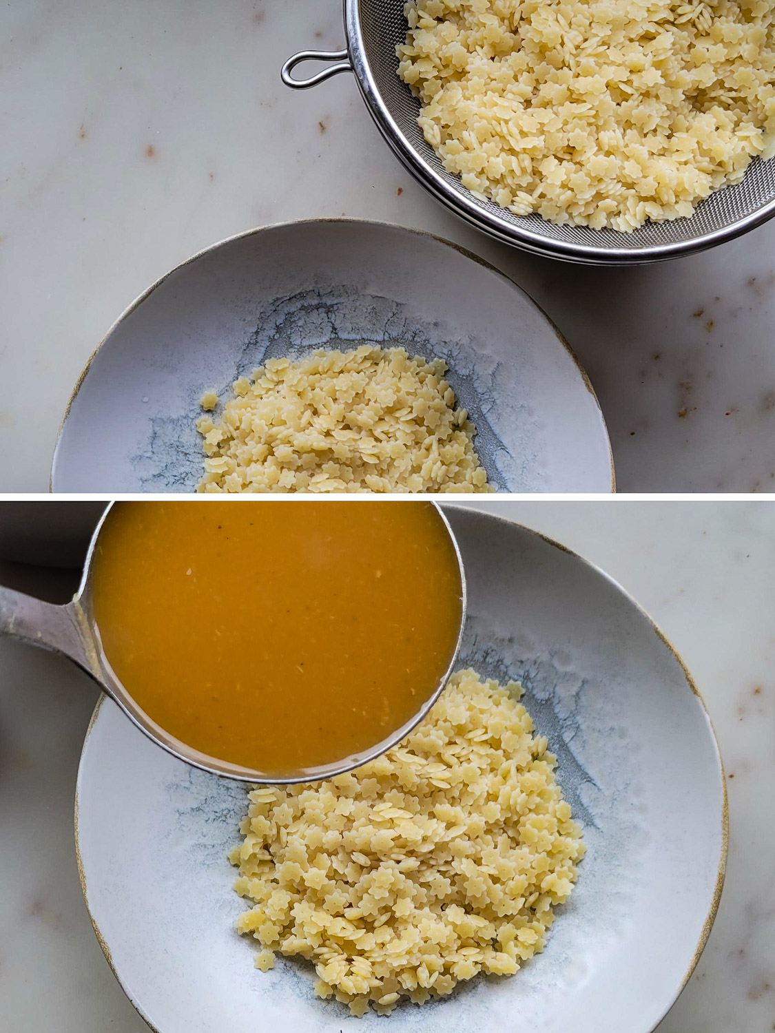 Collage showing the pouring of the pastina broth over a bowl of mini pasta.