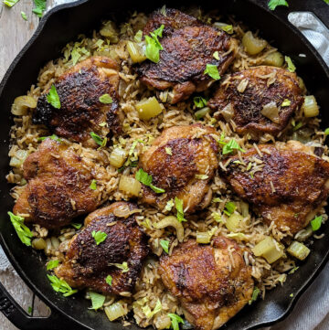 A skillet filled with Mama's Chicken and Rice