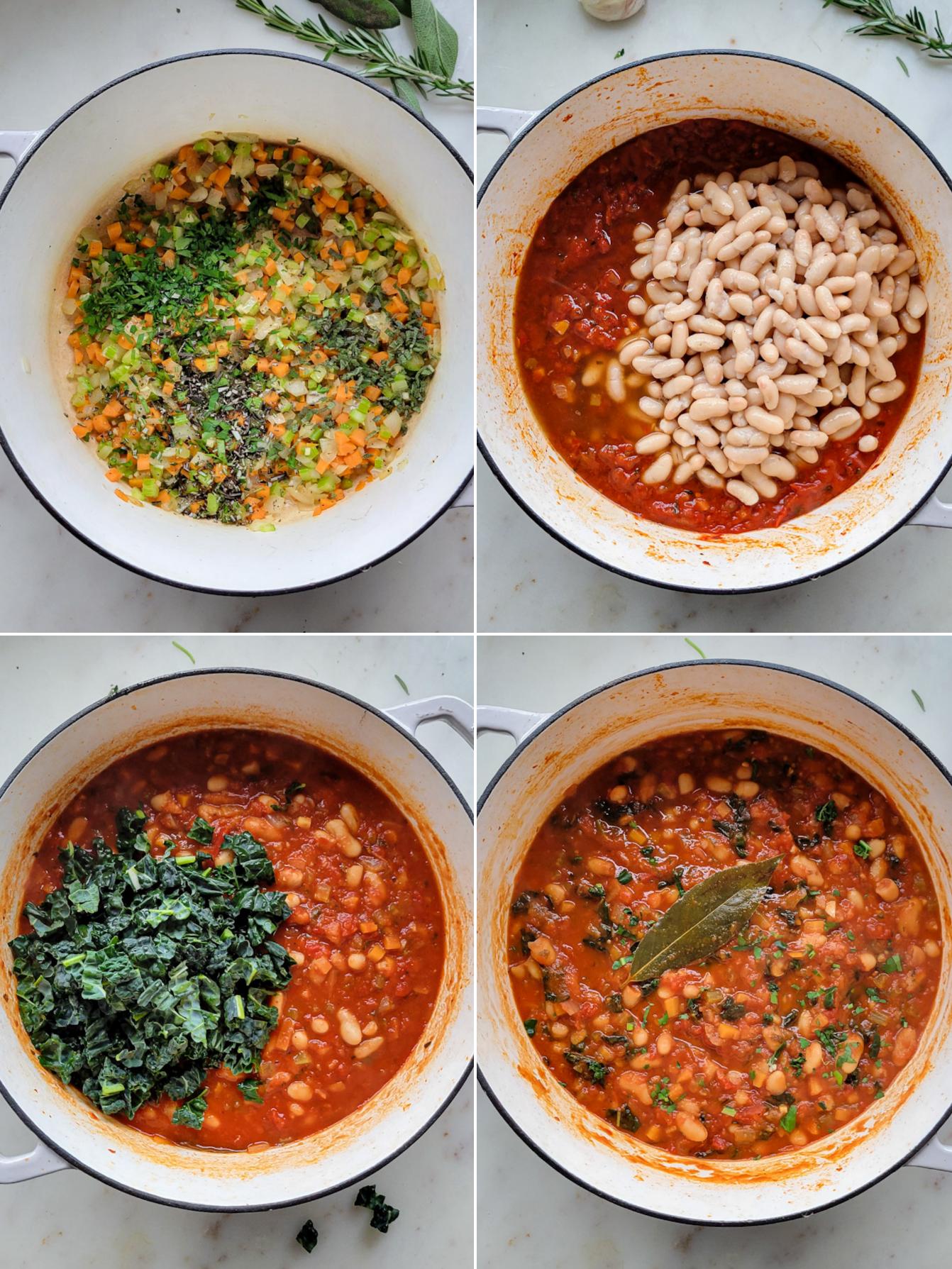 Collage showing the making of Tuscan Braised Beans and Kale