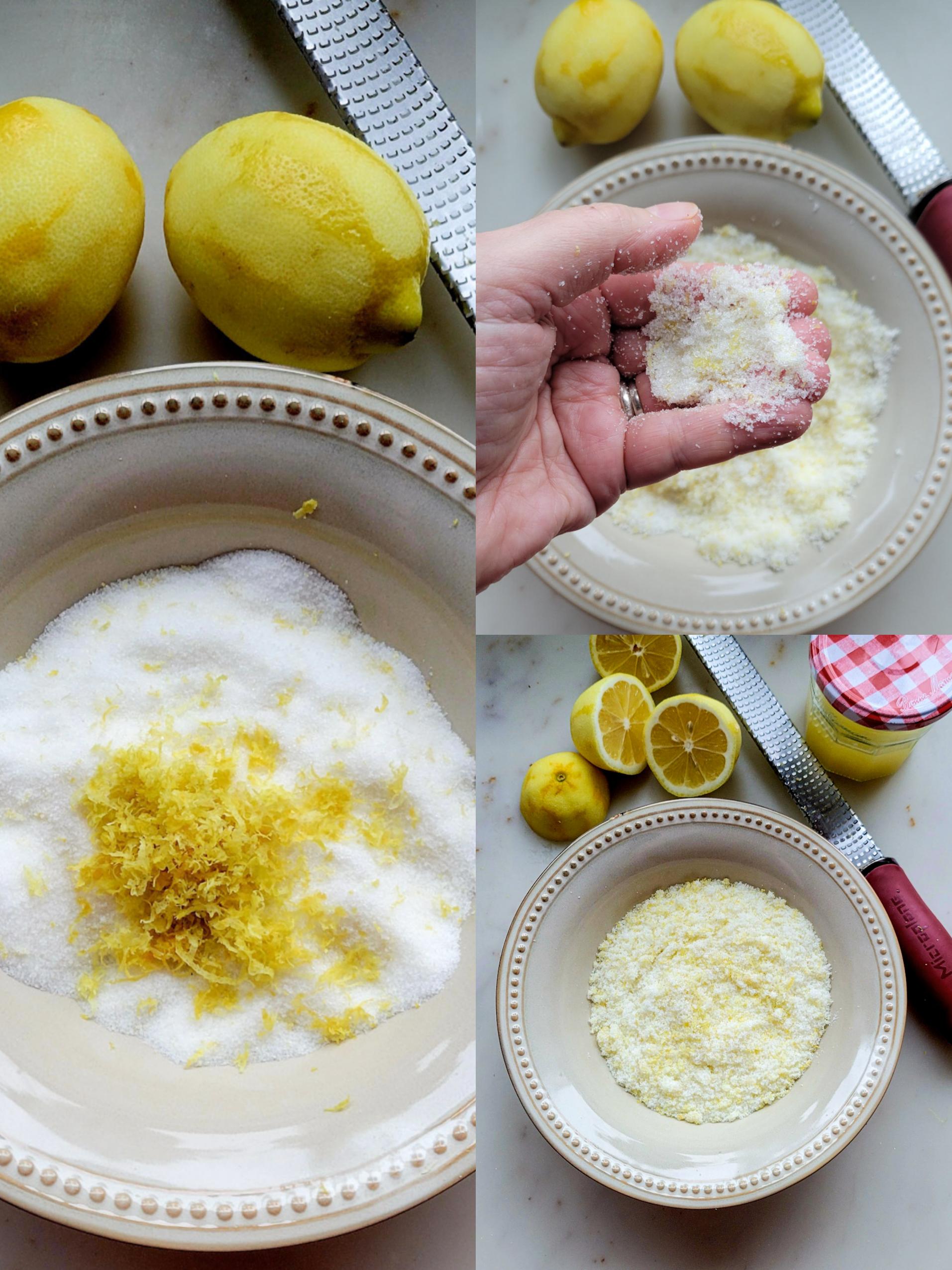 Collage showing how to make Lemon Sugar, used for Lemon Meringue Hot Chocolate.