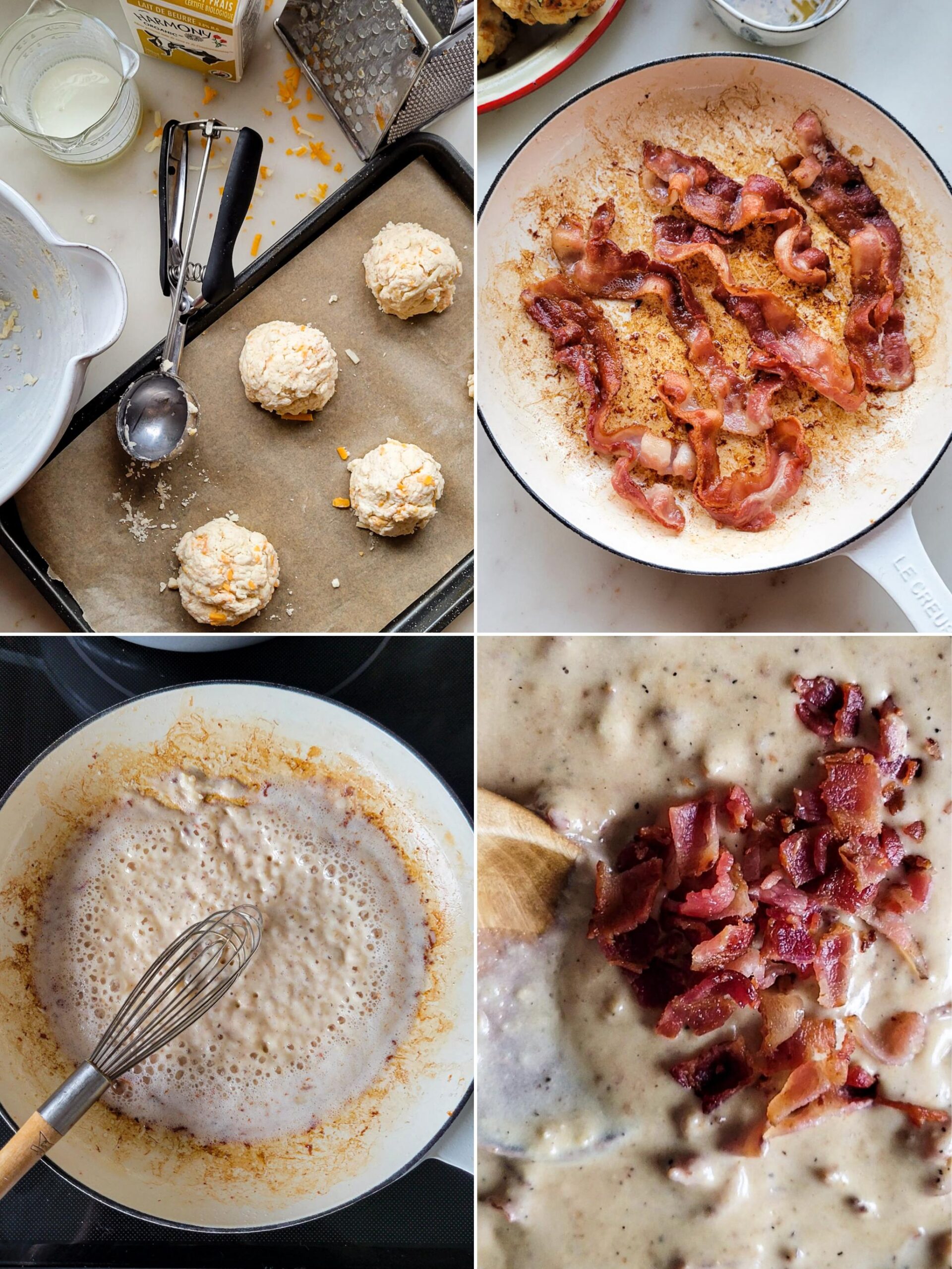 Collage showing making of the Easy Cheddar Biscuits and Bacon Gravy.