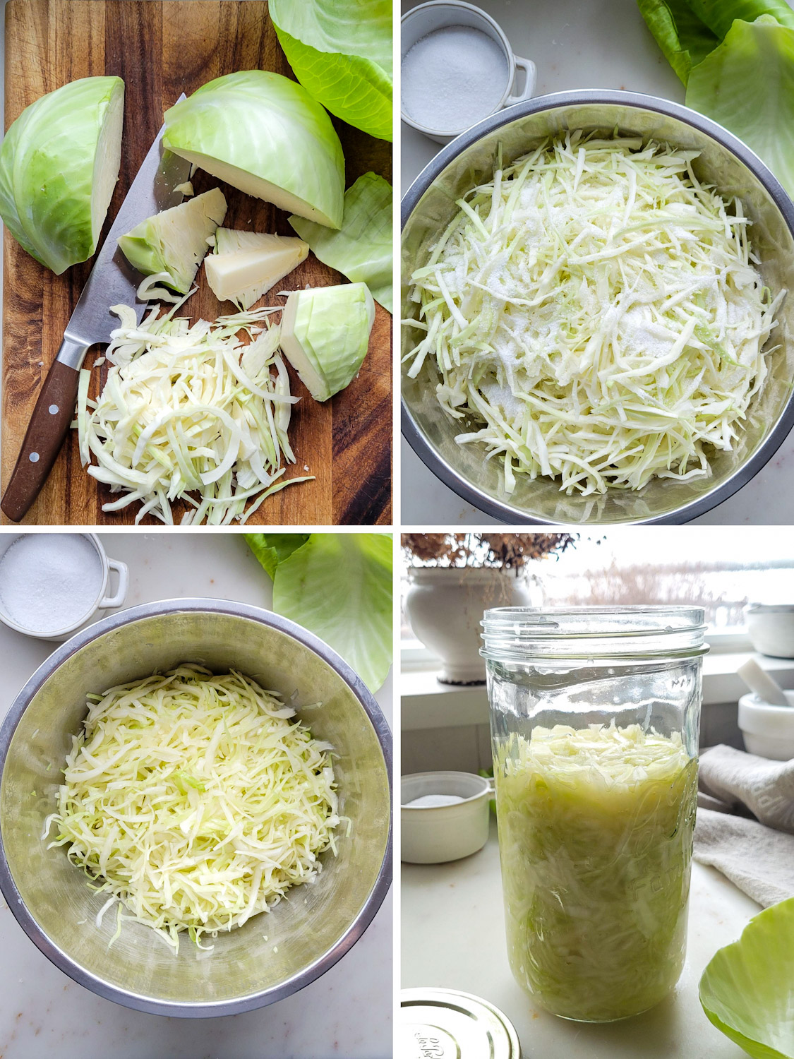 Collage showing how to prepare Cabbage for Sauerkraut.