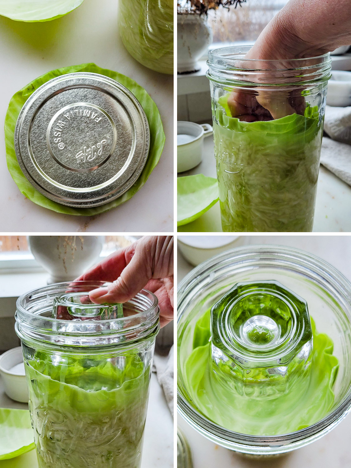 Collage showing preparing the jar with sauerkraut to begin fermenting.