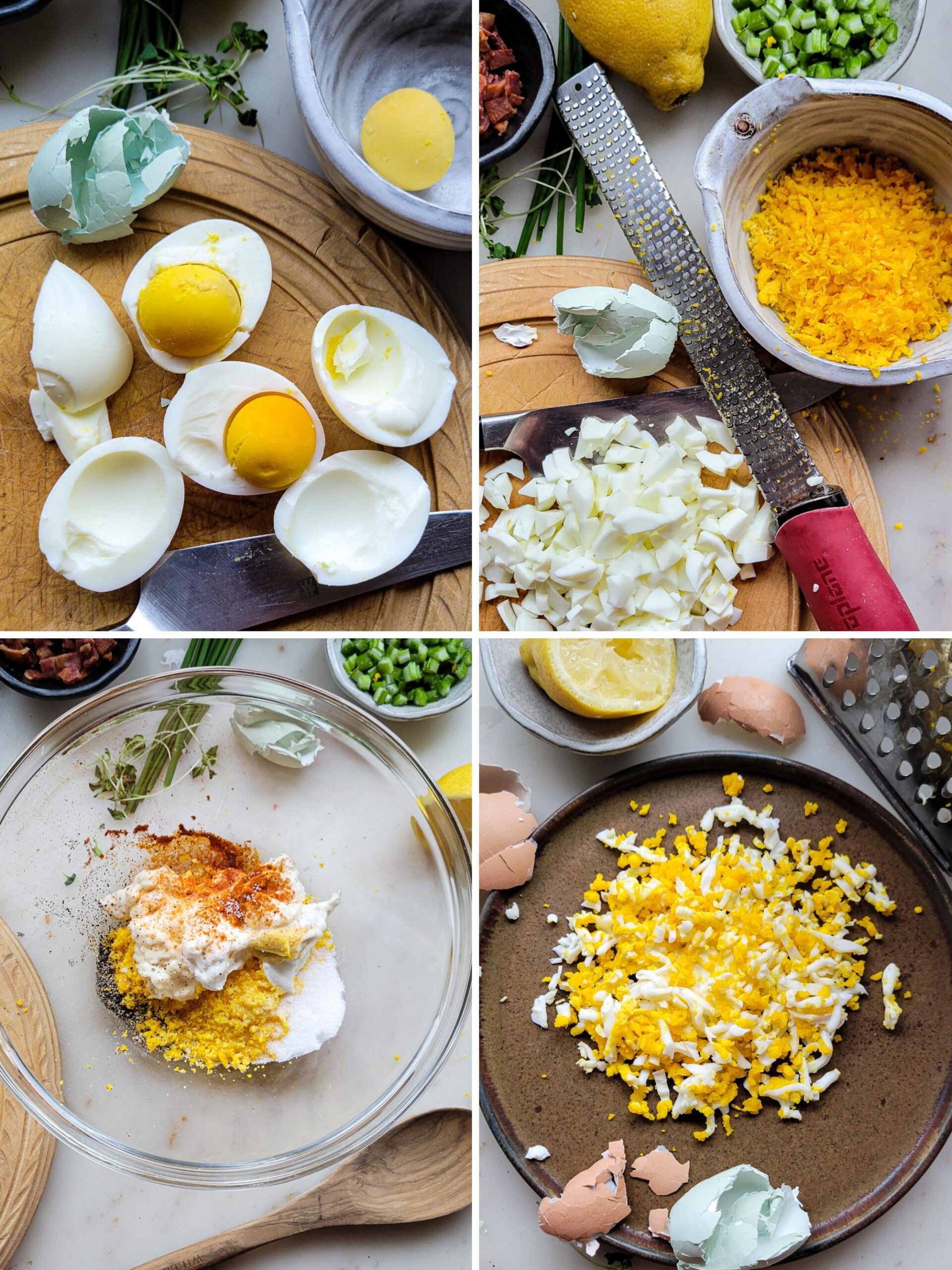 Collage showing the assembling and preparing of the eggs for a Mimosa Egg Pasta Salad.