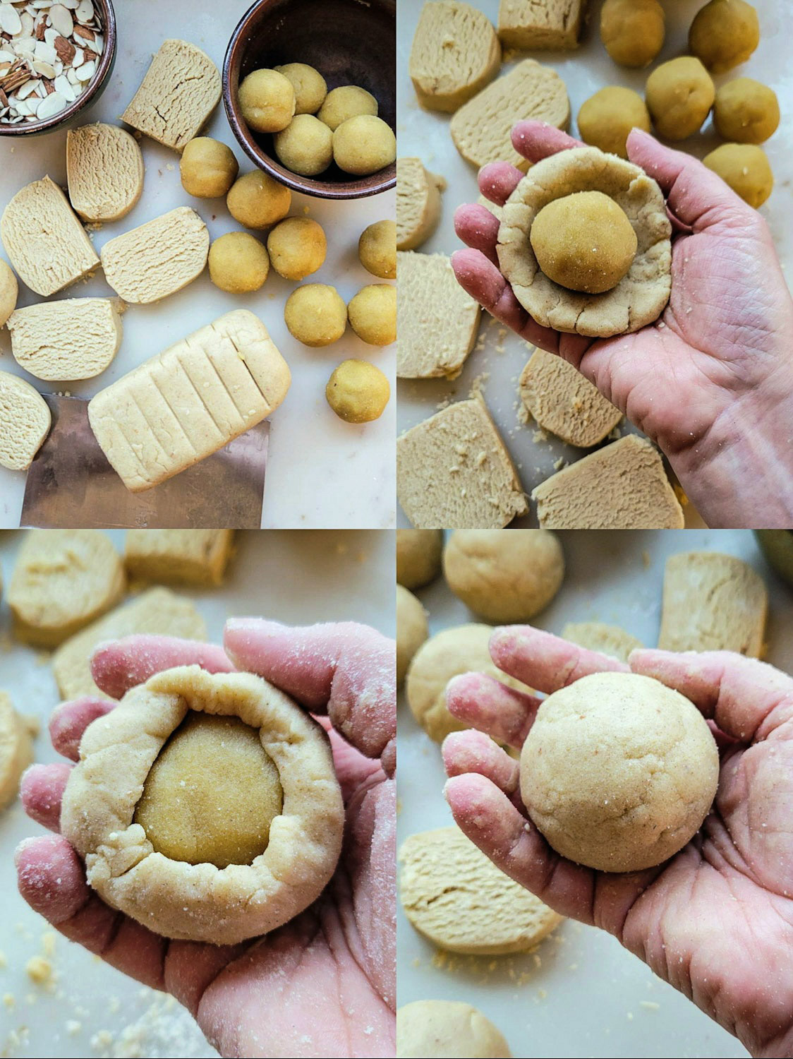 Collage showing the assembling of Almond Croissant Cookies.