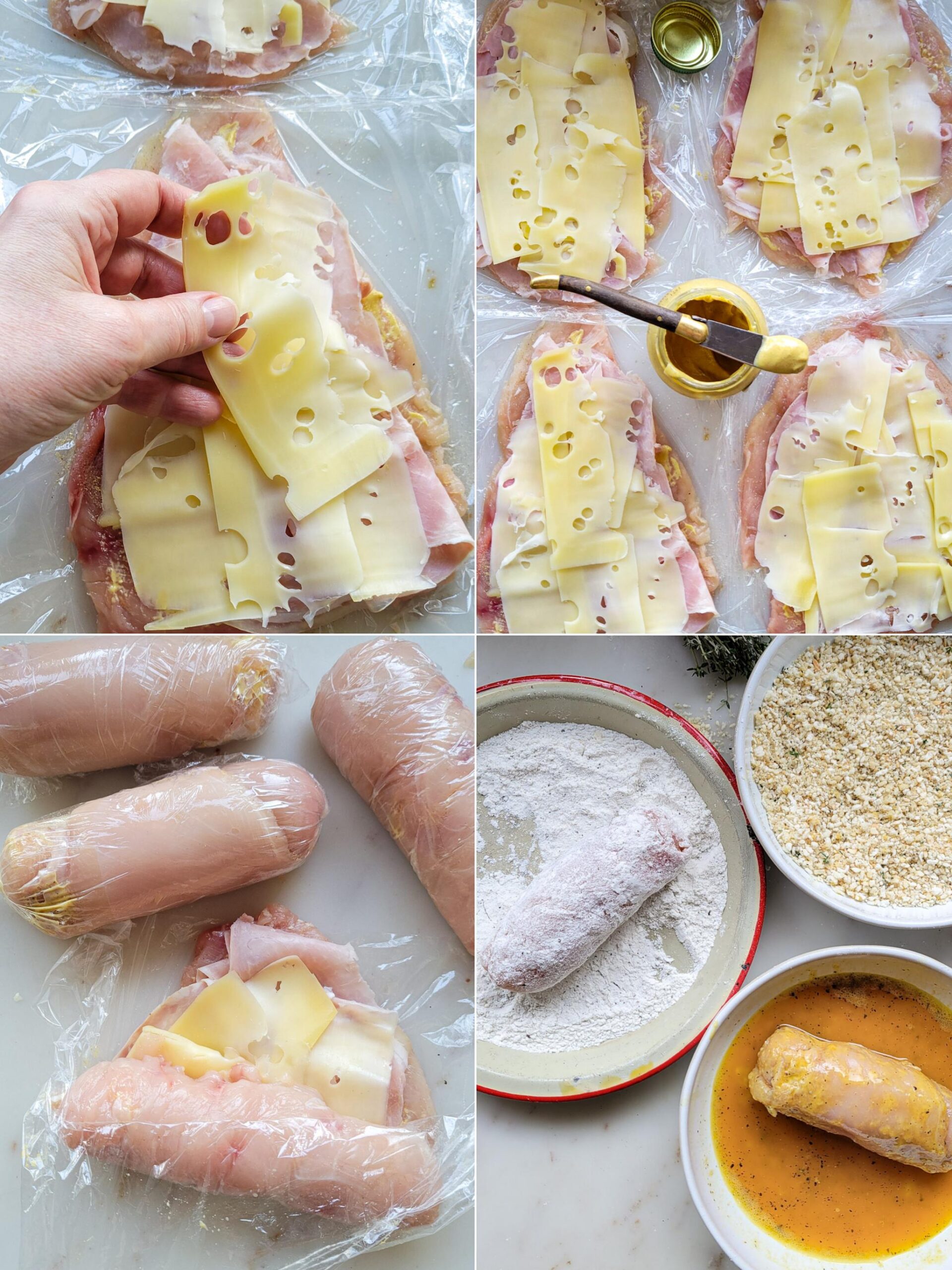 Collage showing the assembling of the chicken bundles for Chicken Cordon Bleu.