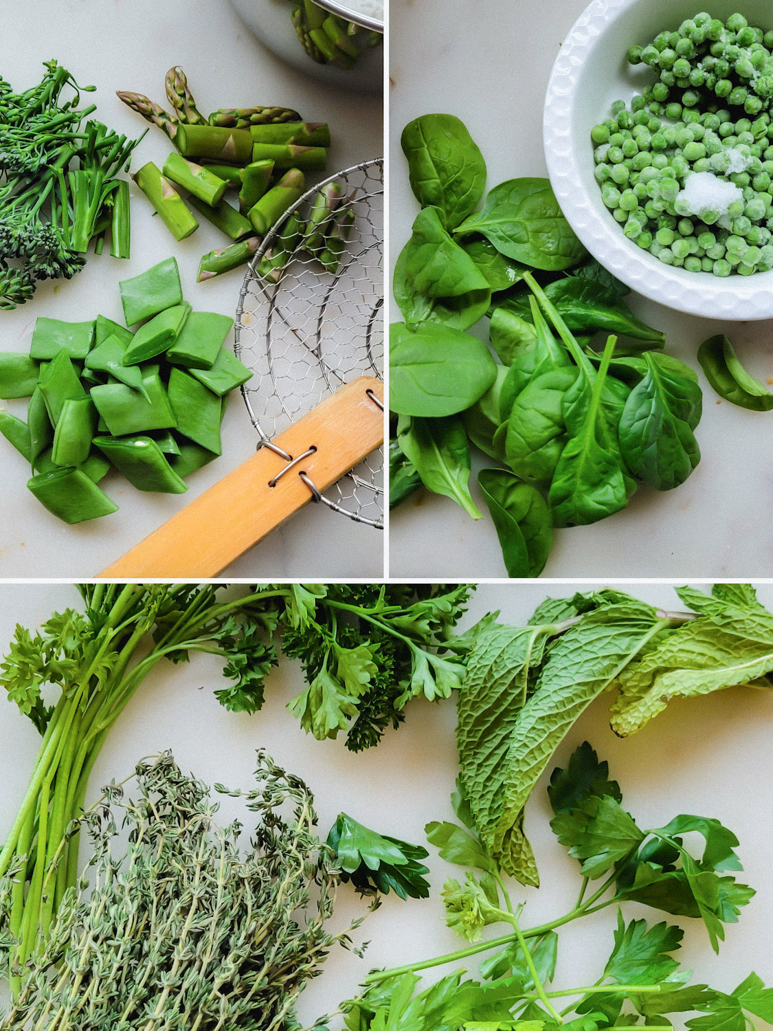 Collage showing the types of vegetables and herbs that can used in Lemon Cream Pasta with Spring Vegetables.