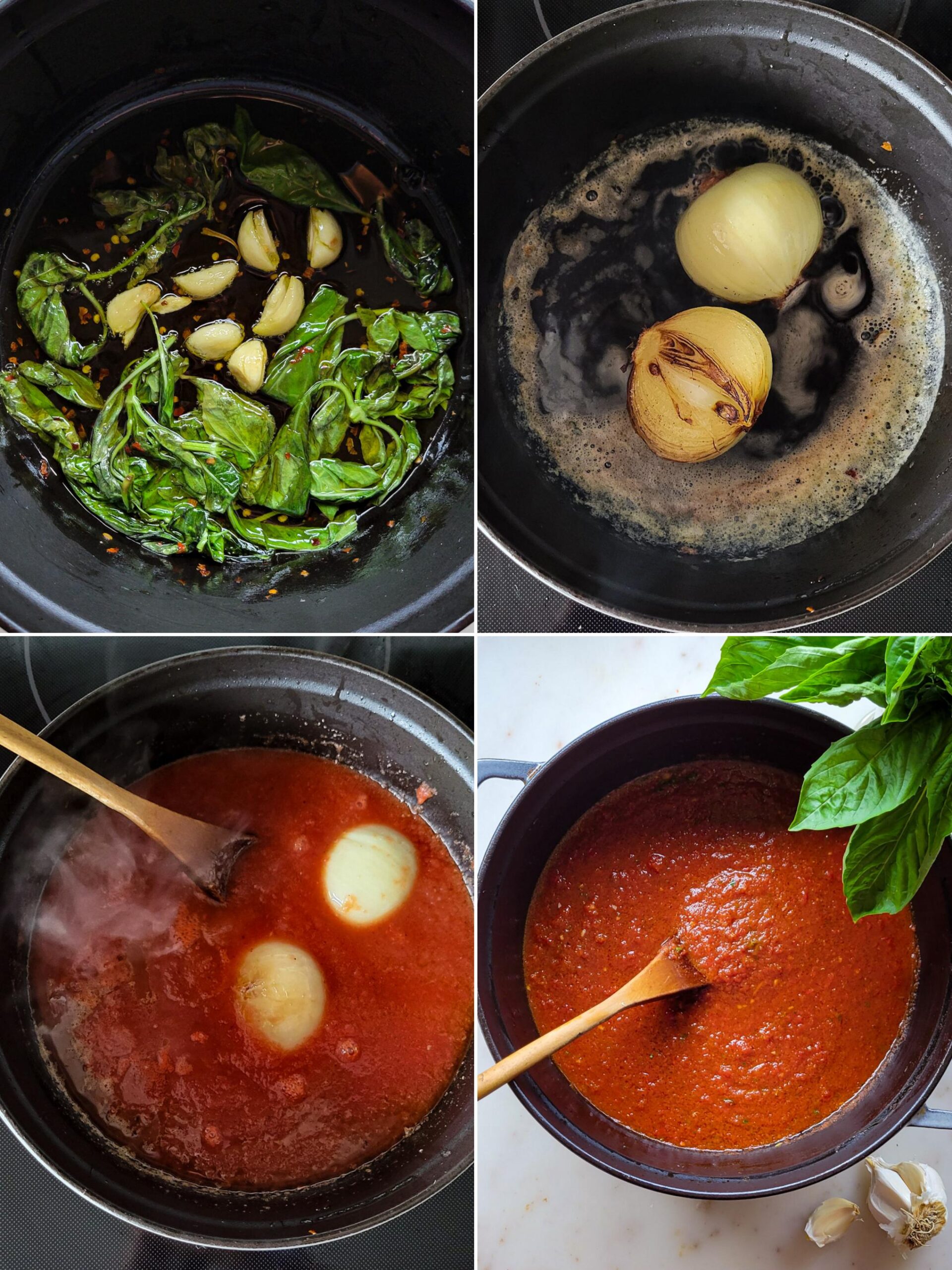 Collage showing the infusing of the oil with basil and garlic, and the making of the tomato sauce.
