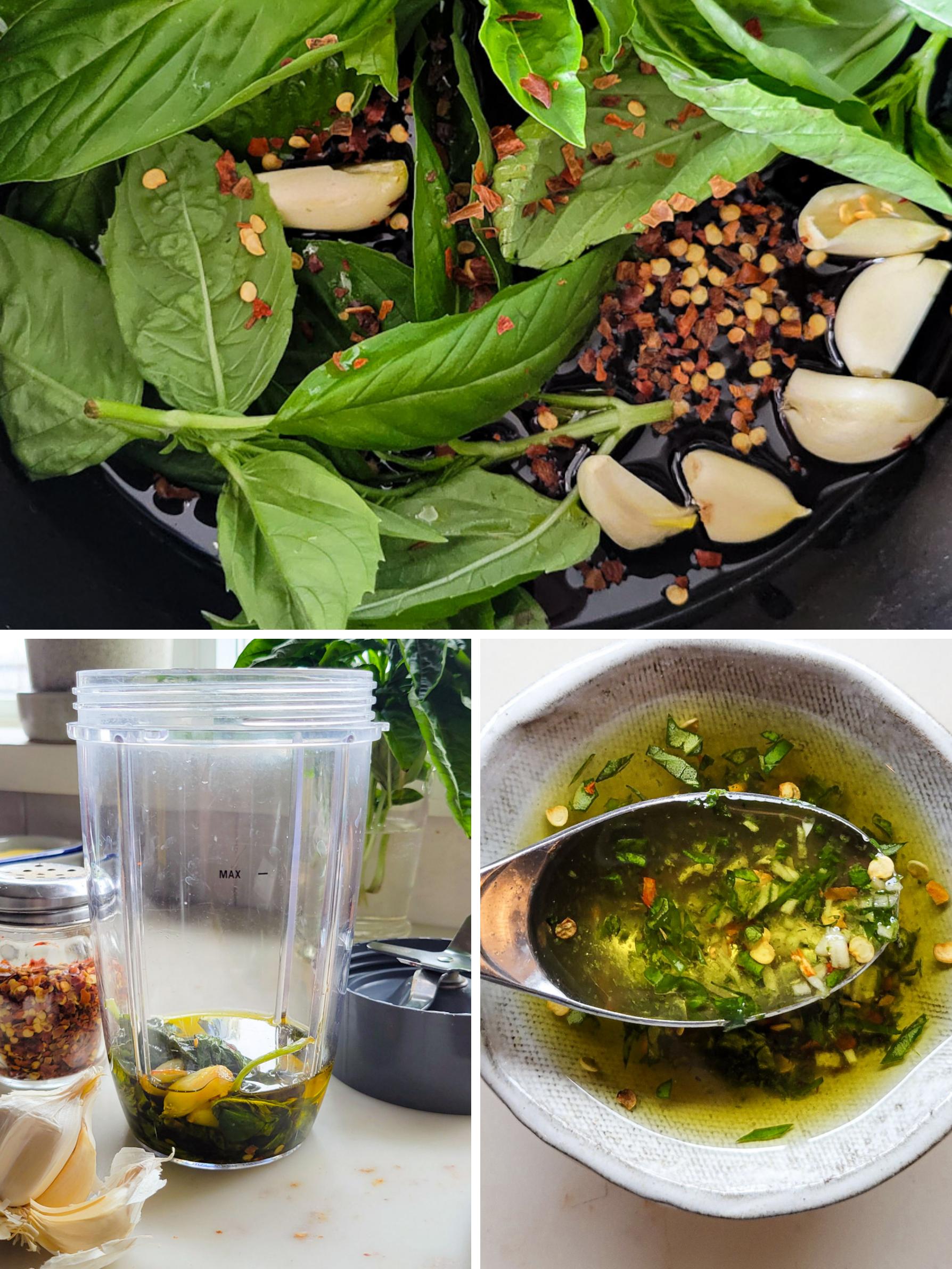 Collage showing how to prepare the Basil and Garlic infused Olive Oil.
