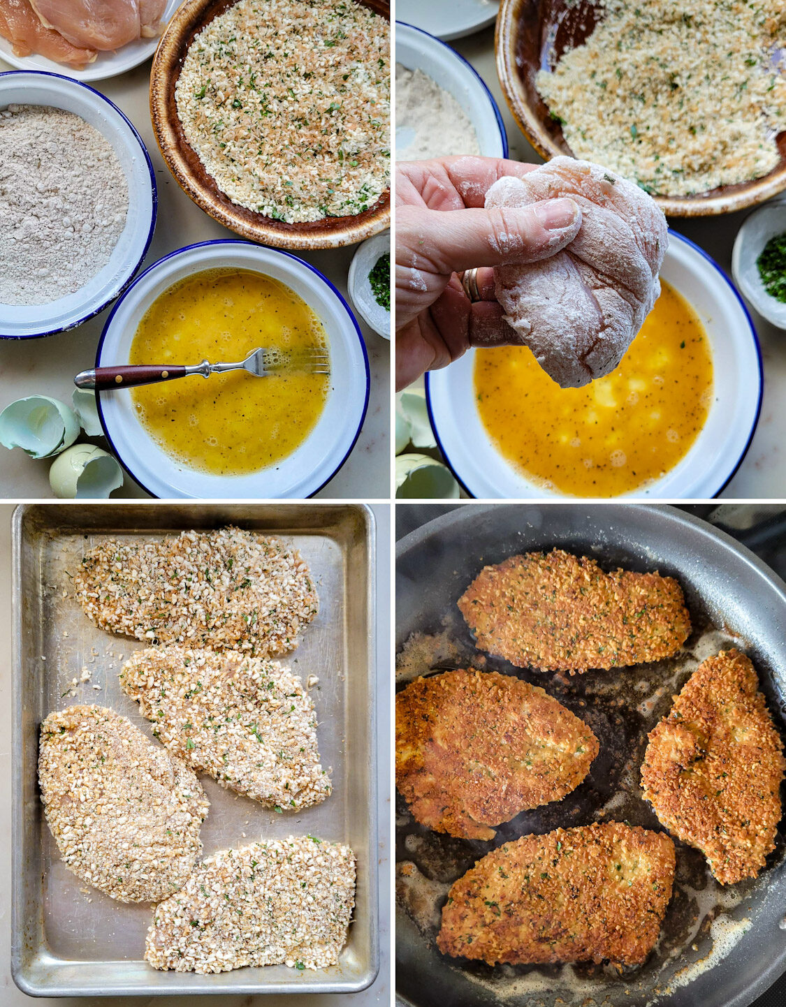 Collage showing how to bread and fry up the Parmesan Crusted Chicken for Caesar Pasta Salad.