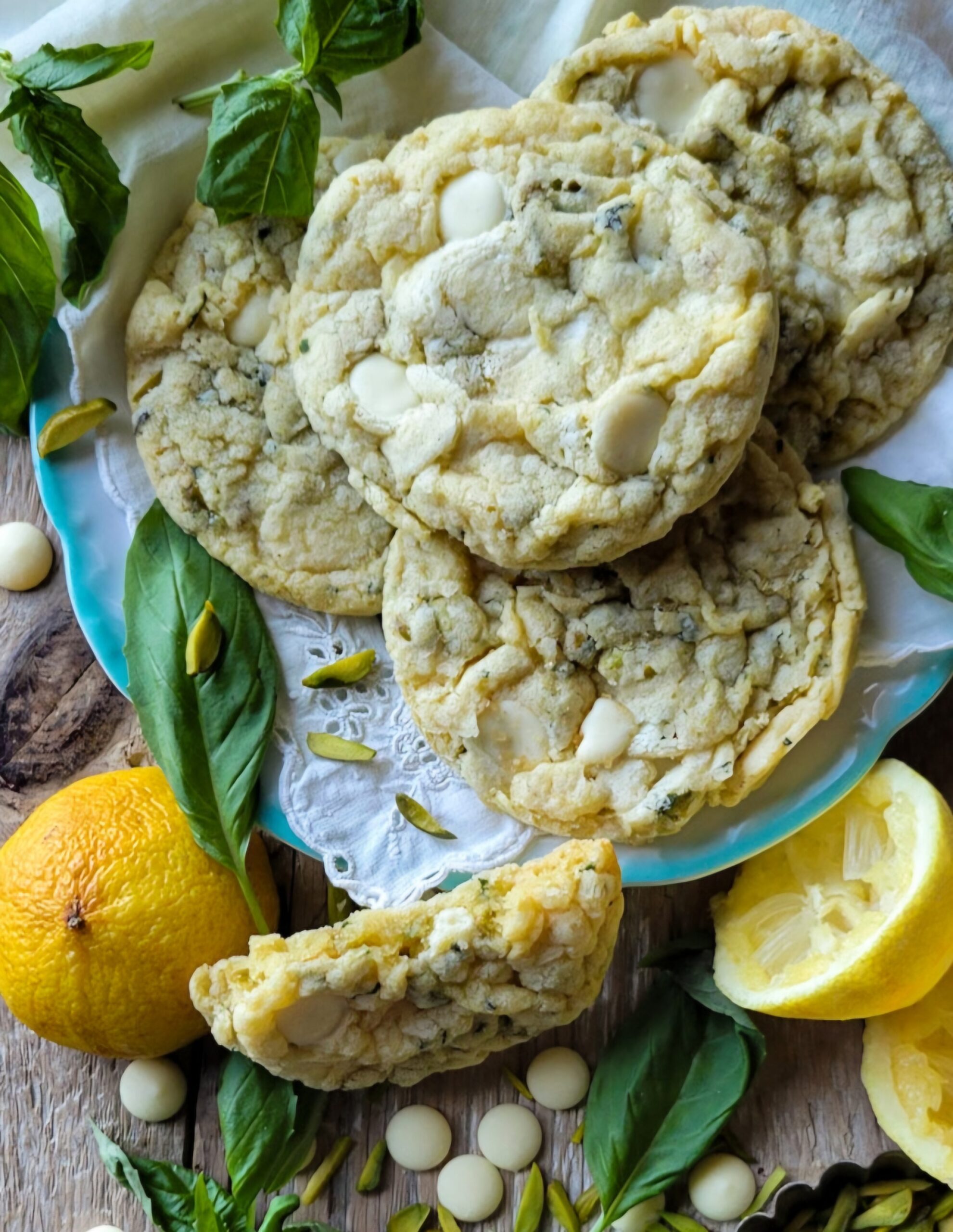 Close up of Lemon Basil Cookies with White Chocolate and Pistachios on a plate, with lemon and basil to the side, as well as some chocolate chips.