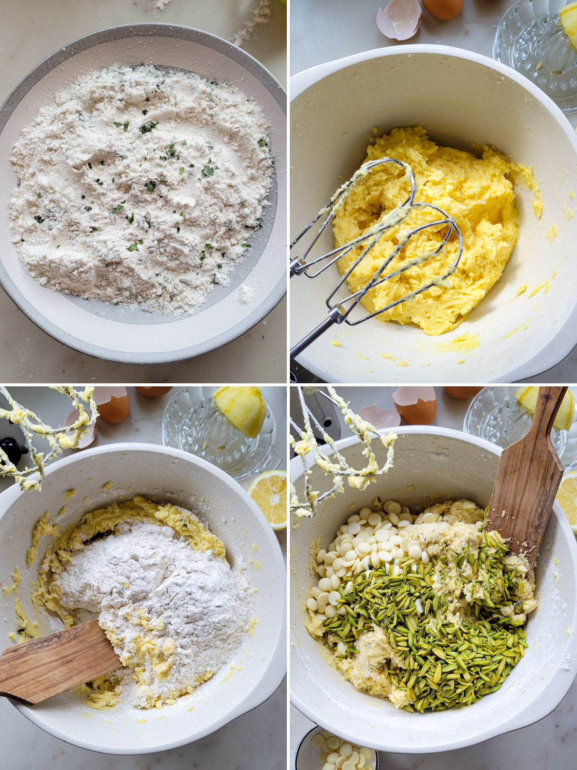 Collage showing the making of the cookie dough for Lemon Basil Cookies with White Chocolate and Pistachios