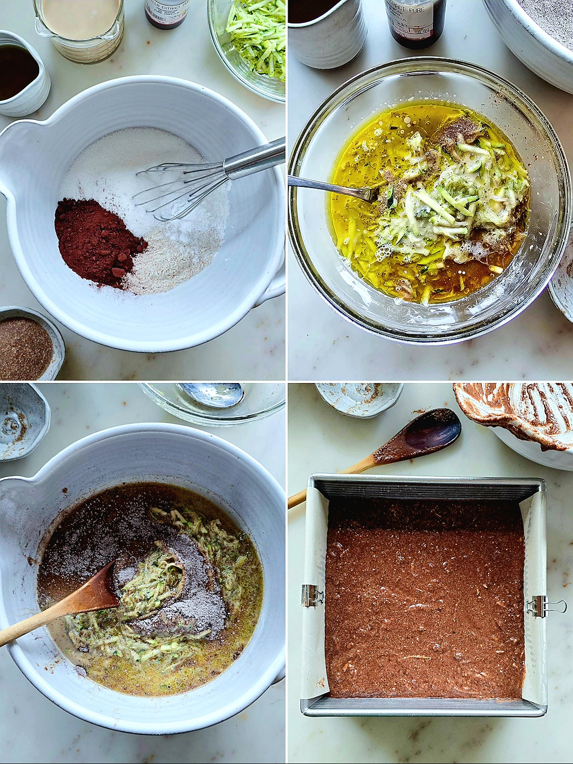 Collage showing how to mix up the ingredients to bake a Double Chocolate Zucchini Cake