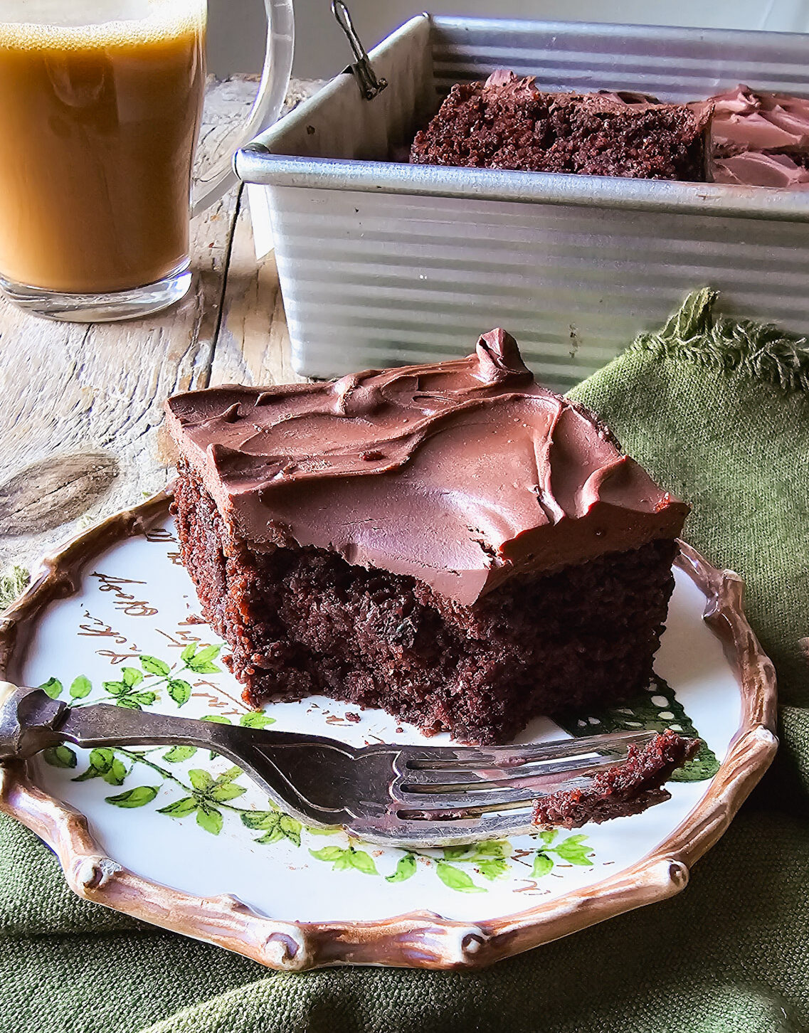 Close up of a slice of Double Chocolate Zucchini Cake.