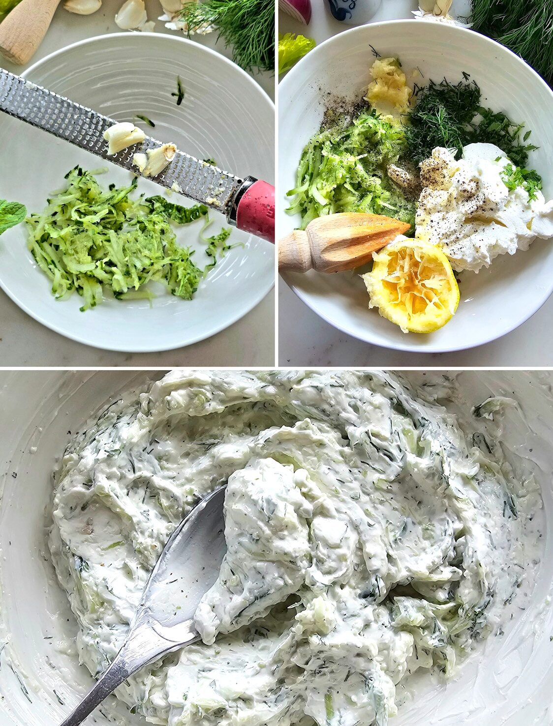 Collage showing how to make Labneh Tzatziki.