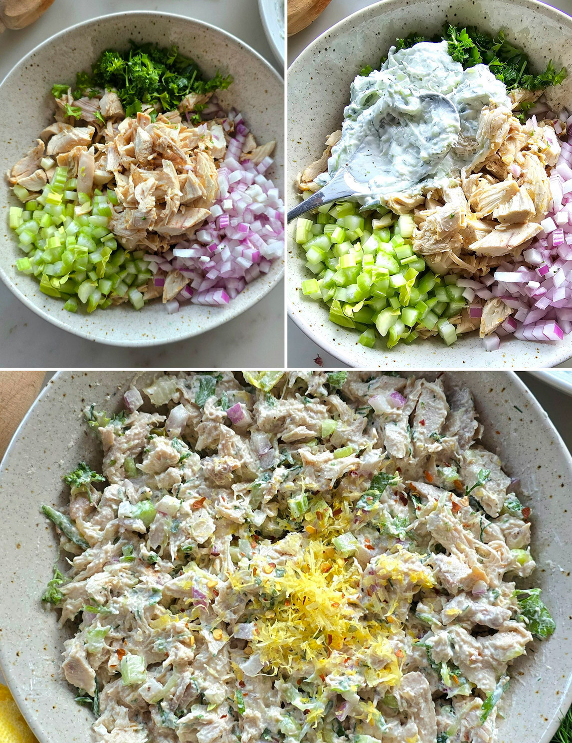 Collage showing how to assemble Tzatziki Chicken Salad.