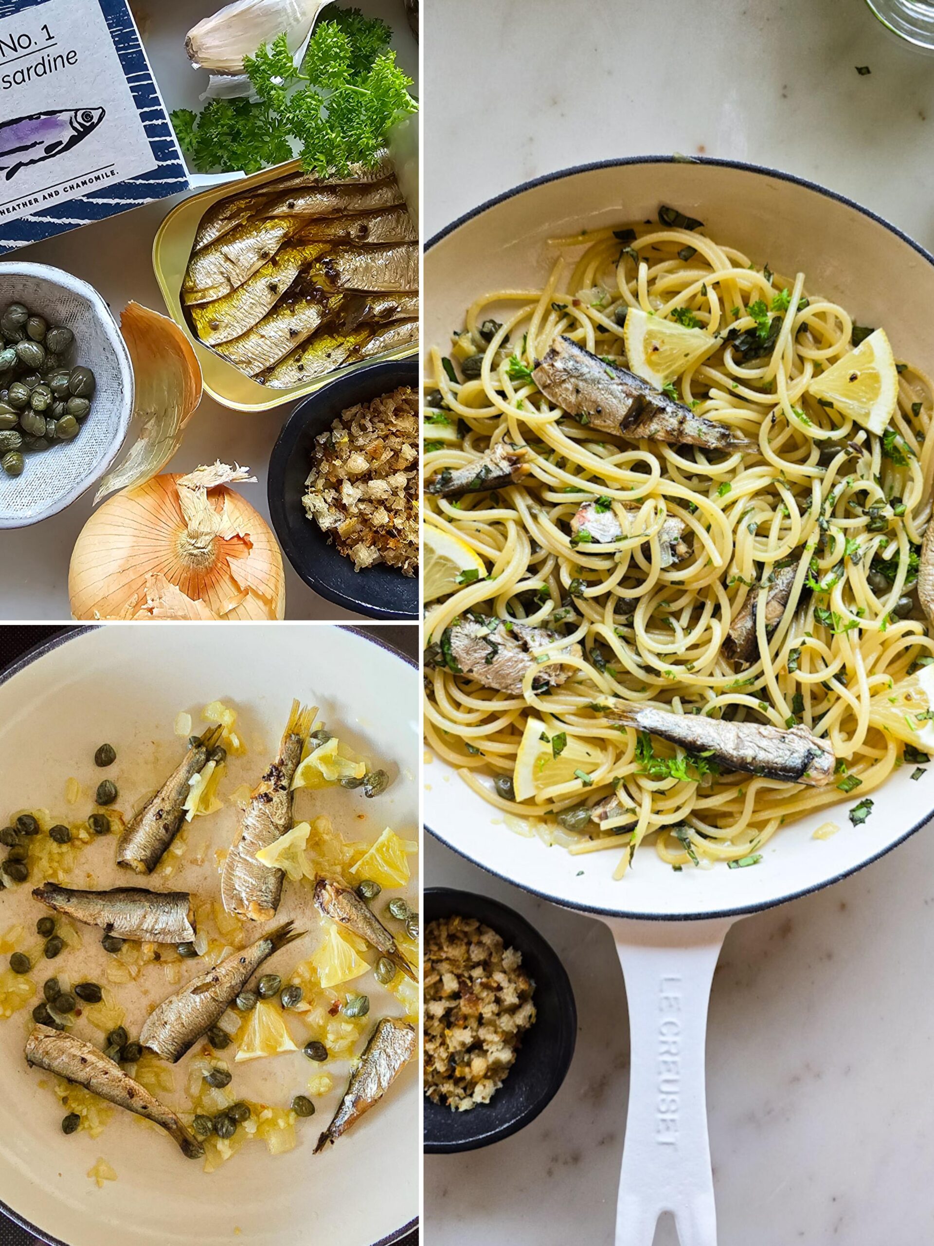 Collage showing how to make Sardine and Lemon Pangrattato Pasta