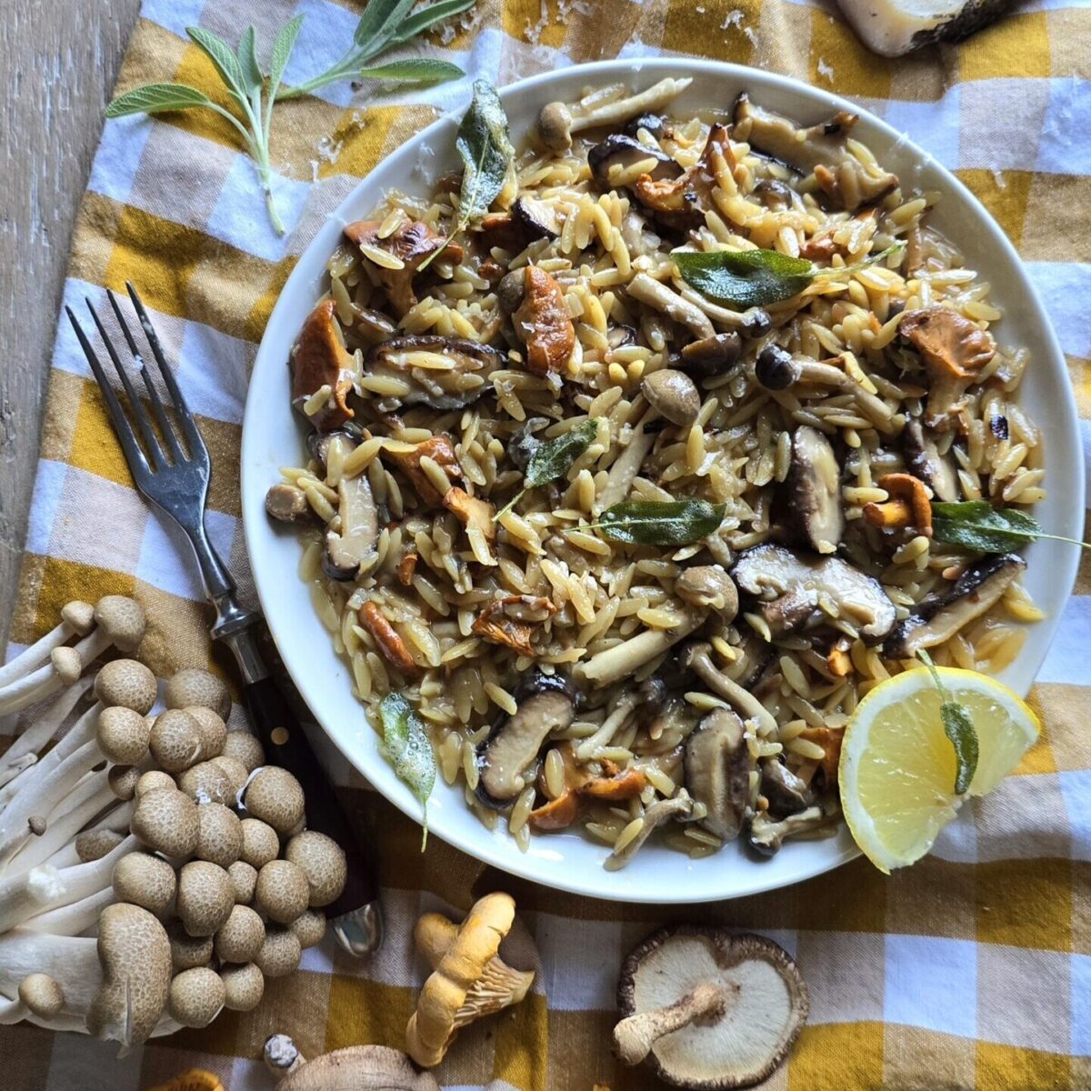 Mushroom Orzo with Brown Butter Crispy Sage