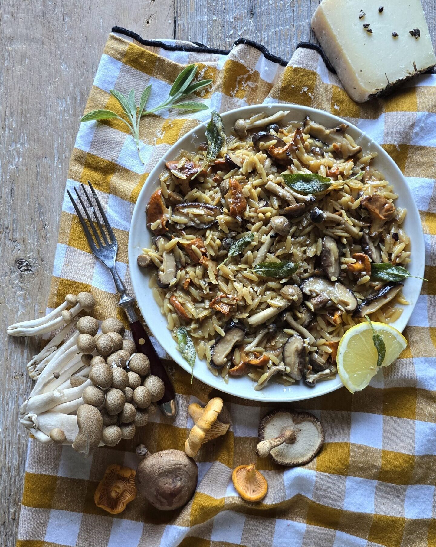 A plate of Mushroom Orzo with Brown Butter Crispy Sage sits on a tea towel, surrounded by fresh mushrooms and a block of cheese.