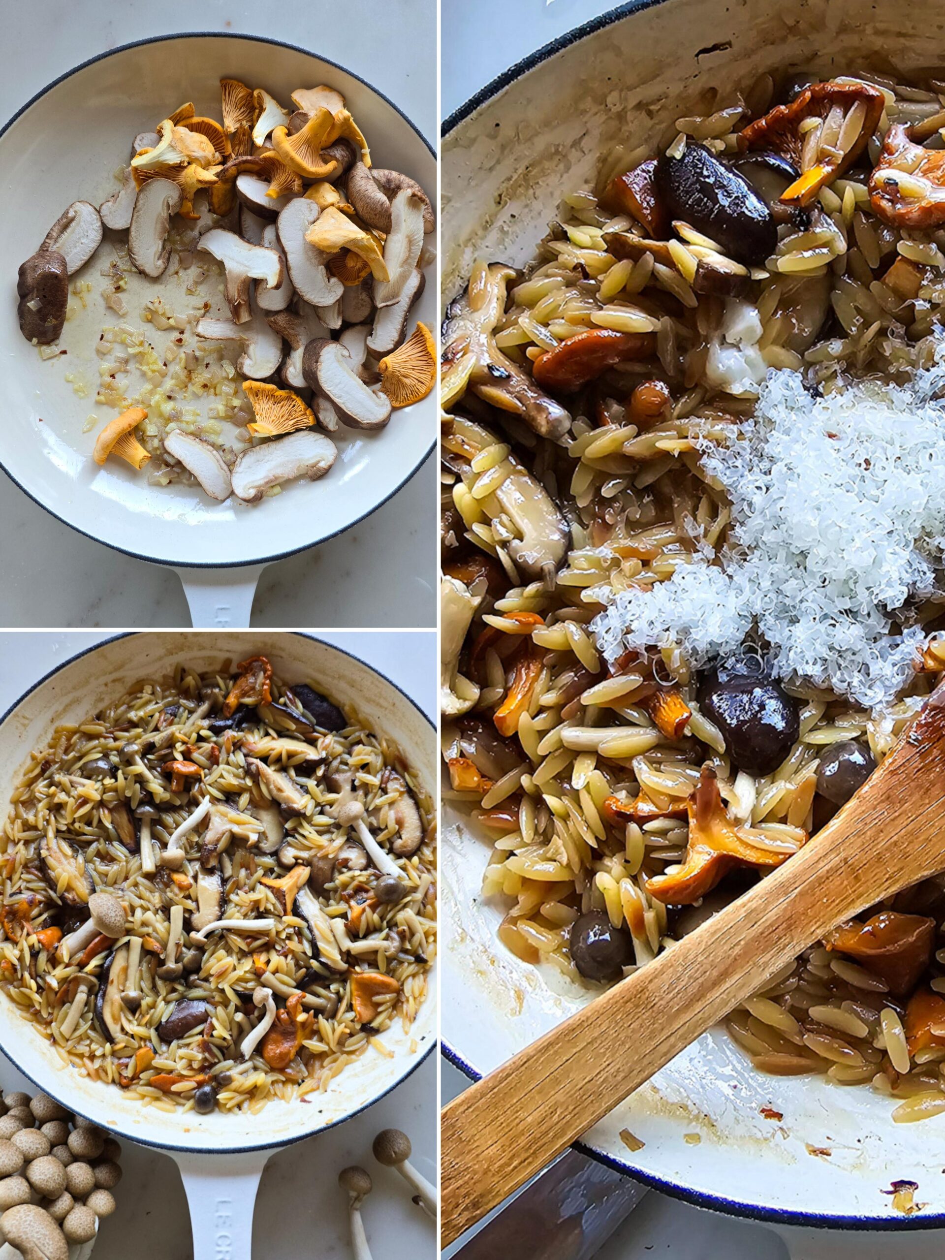 Collage showing how to prepare Mushroom Orzo with Brown Butter Crispy Sage.