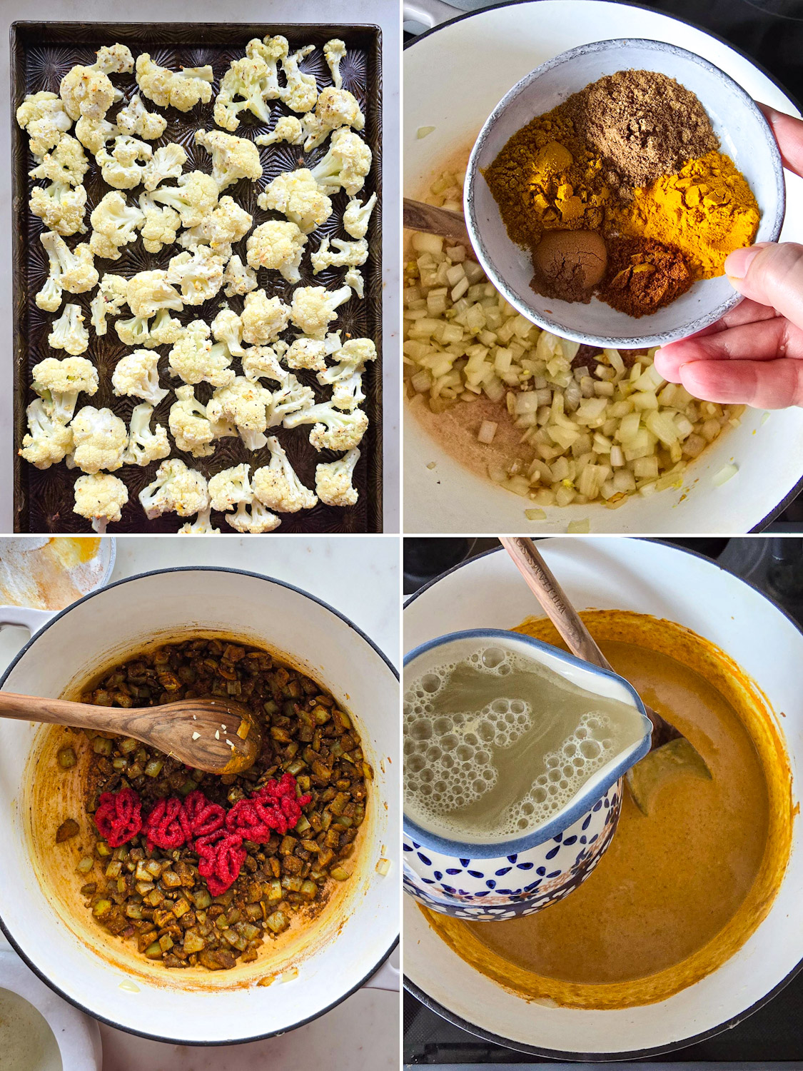 Collage showing the process for making Curry Cauliflower Soup.