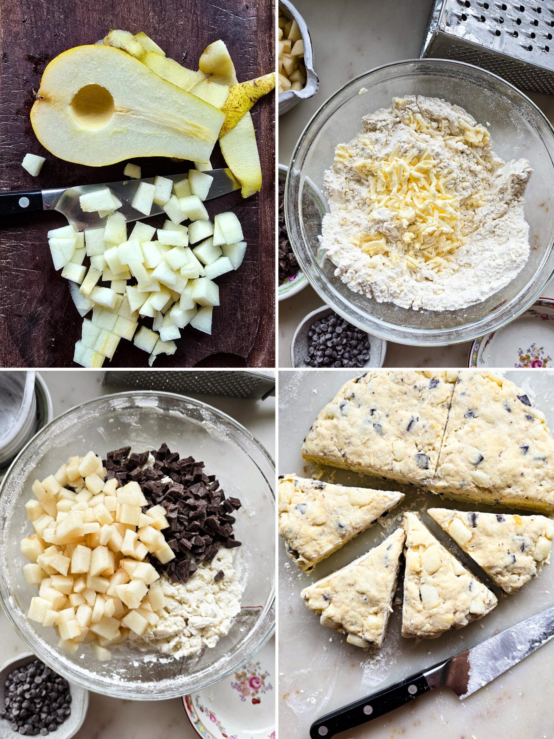 Collage showing how to make up Pear Chocolate Scones.