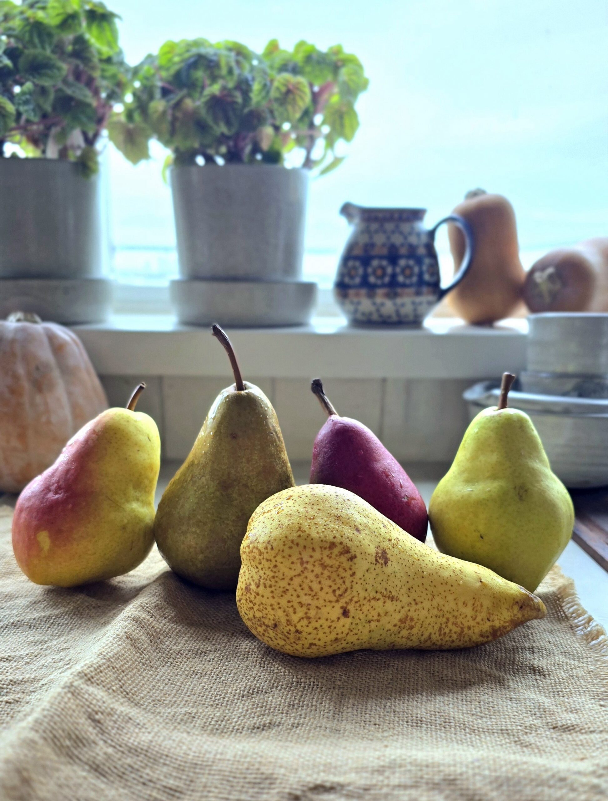 Fresh pears sit in front of the kitchen window.