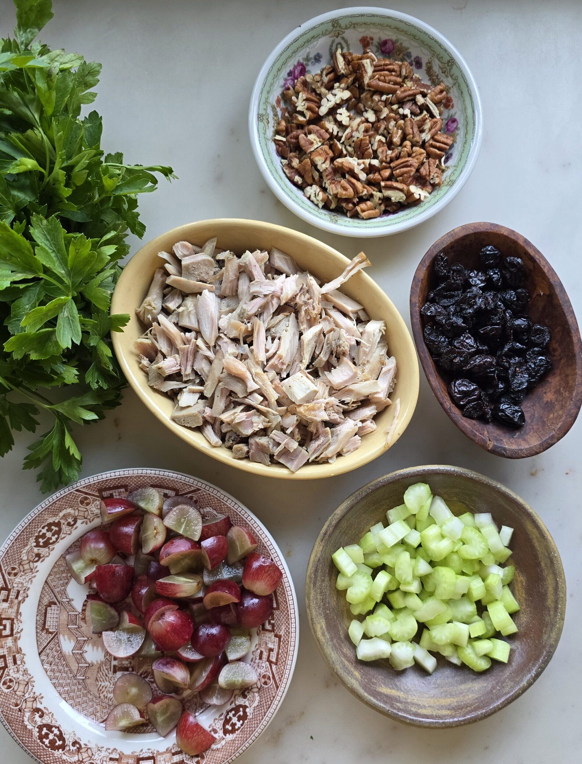 Basic Ingredients for Leftover Diner Turkey Salad spread out on the counter.