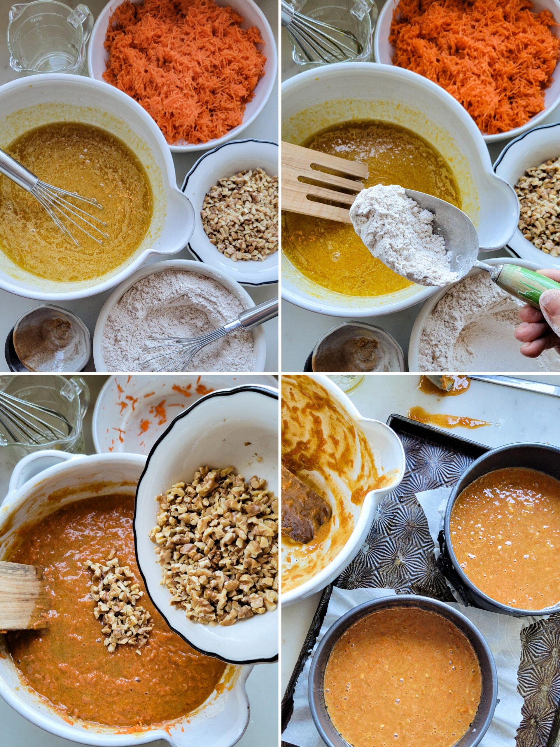 Collage showing the making of the Best Carrot Cake with Ginger Cream Cheese Frosting batter.