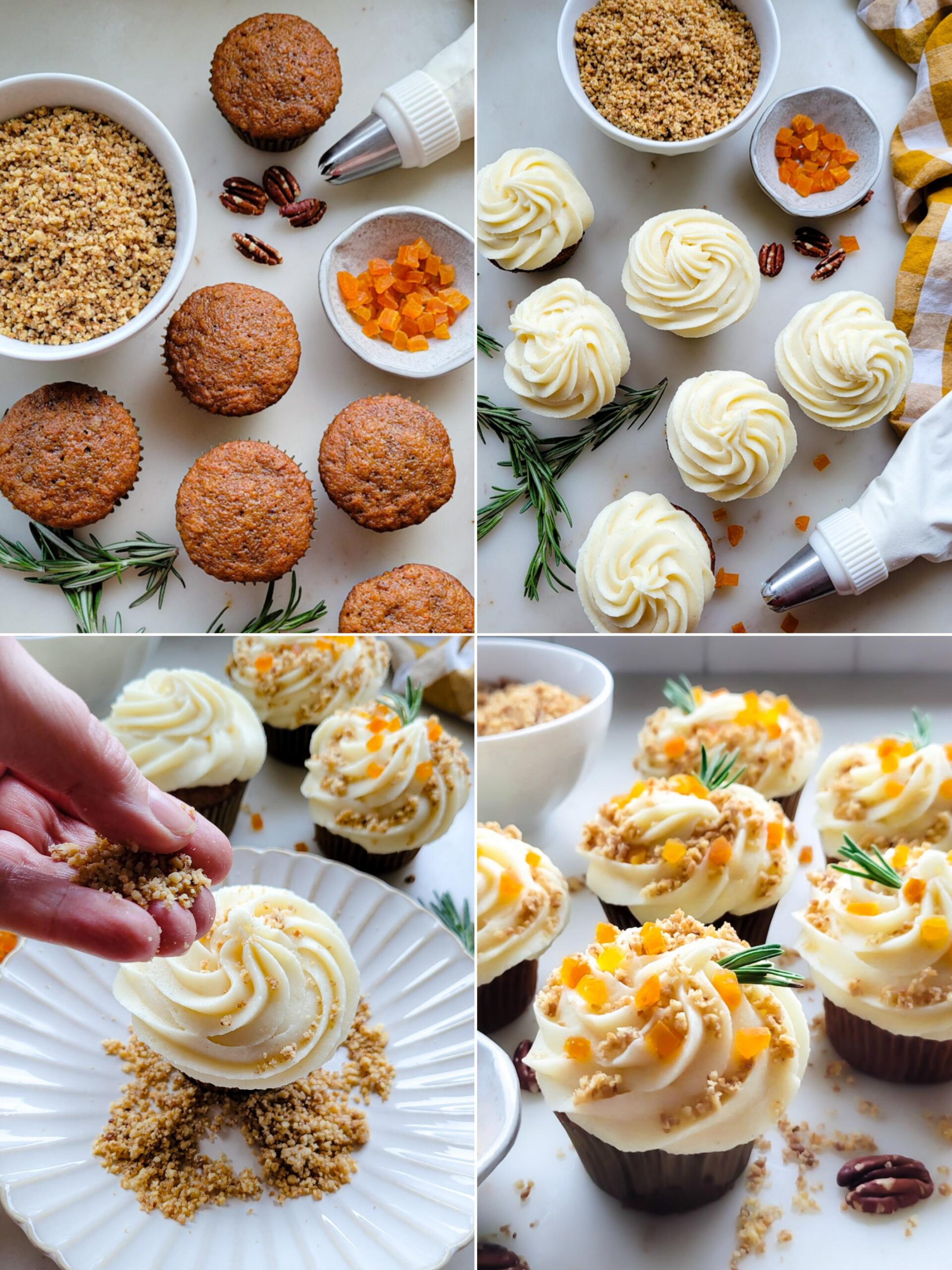 Collage showing the assembling and garnishing of the Best Carrot Cake Cupcakes with Ginger Cream Cheese Frosting.