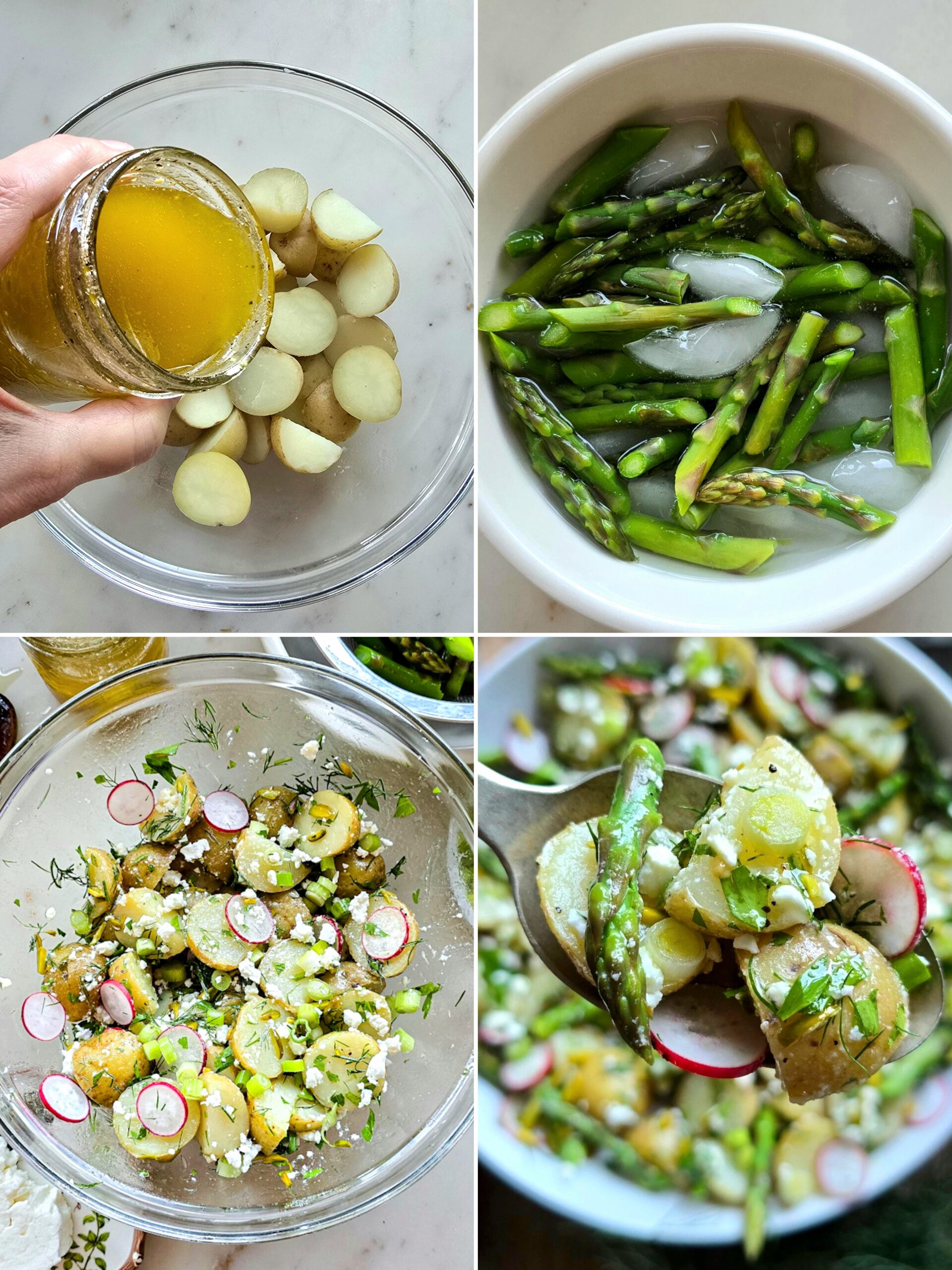 Collage showing the method to make Potato Asparagus Salad with Lemon Honey Vinaigrette