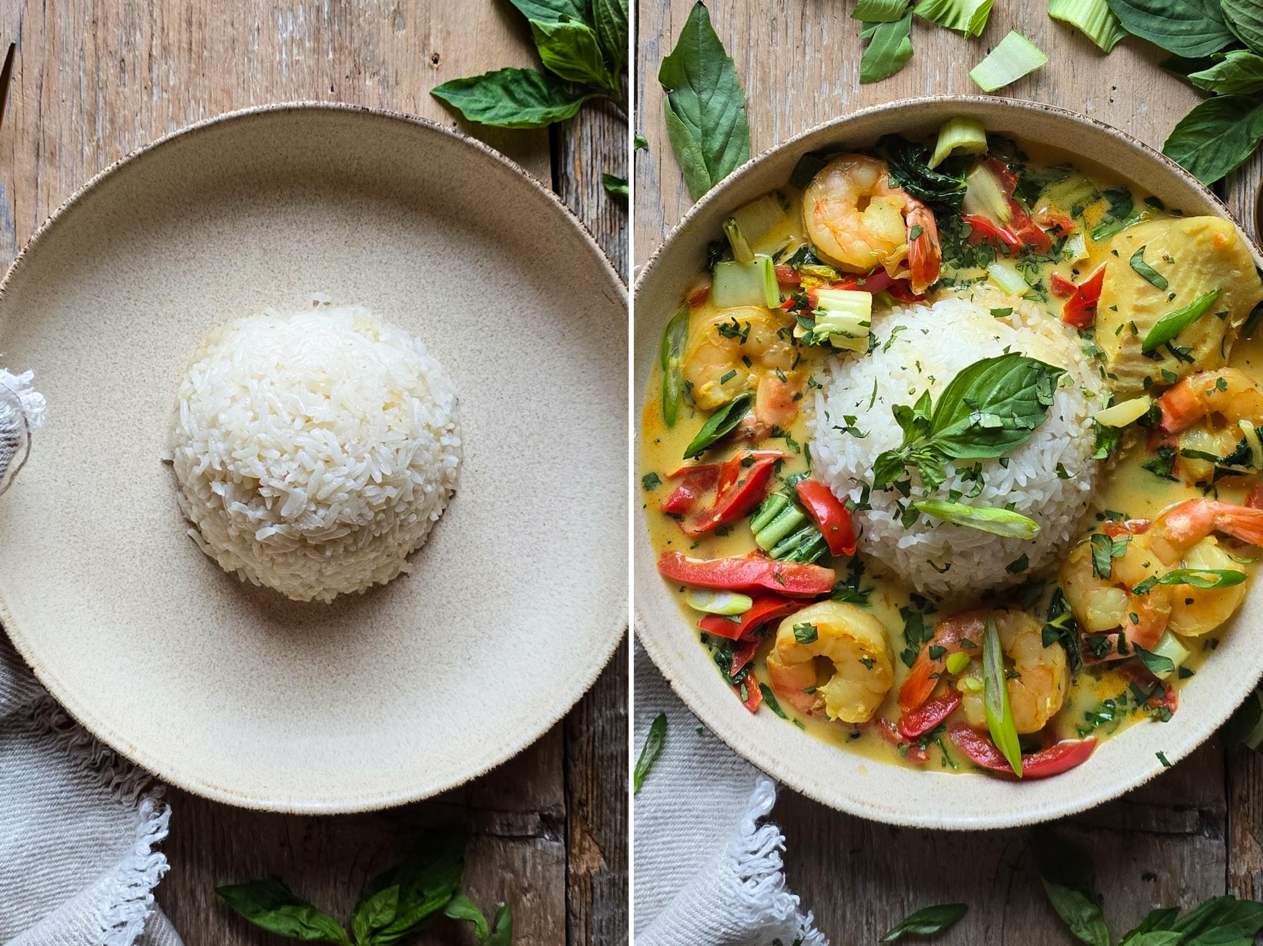 A bowl of rice is filled with Thai Fish Curry and topped with basil leaves.