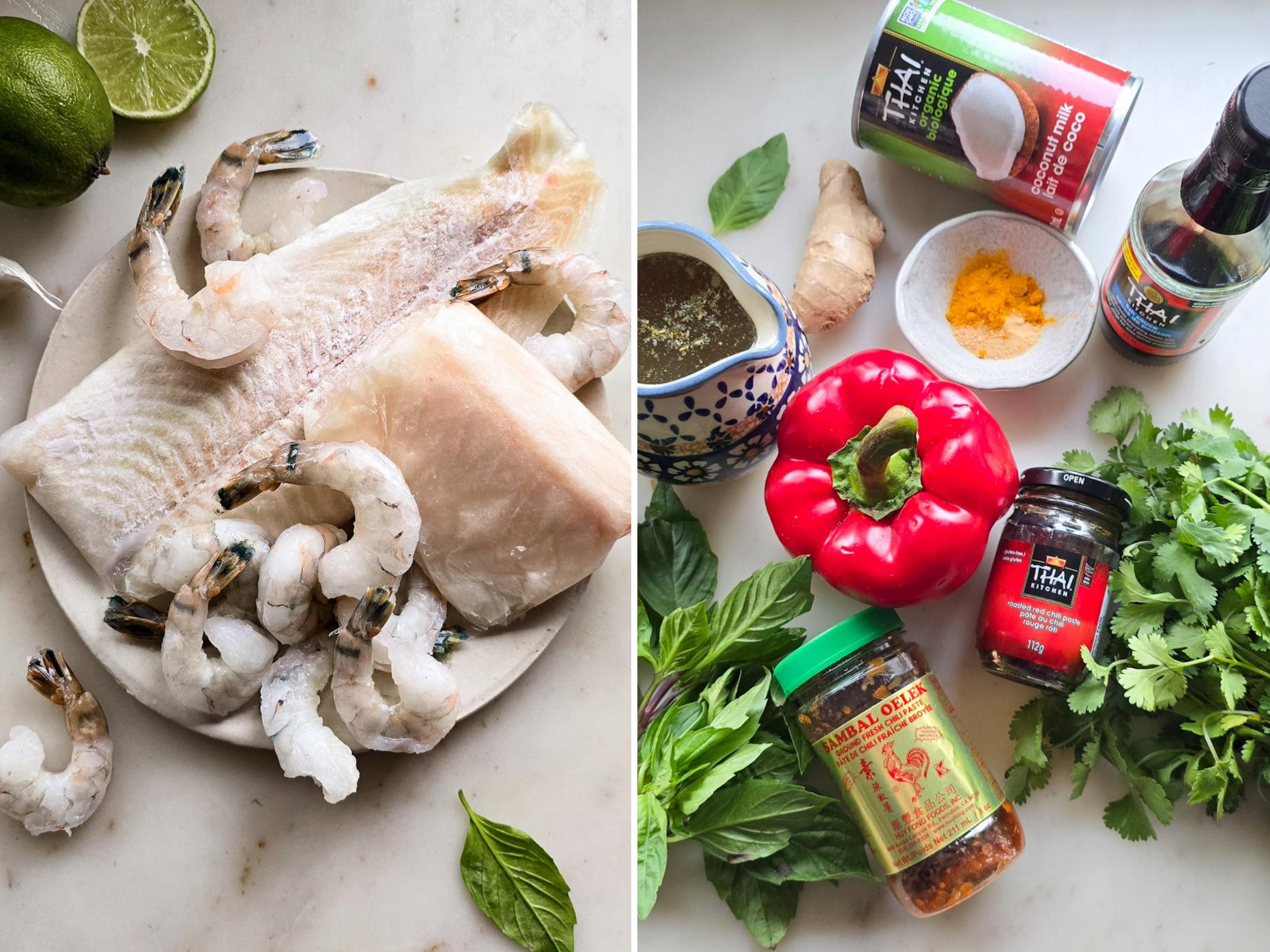 A plate of sea food, as well as all the ingredients needed to make Thai Fish Curry are on the counter.