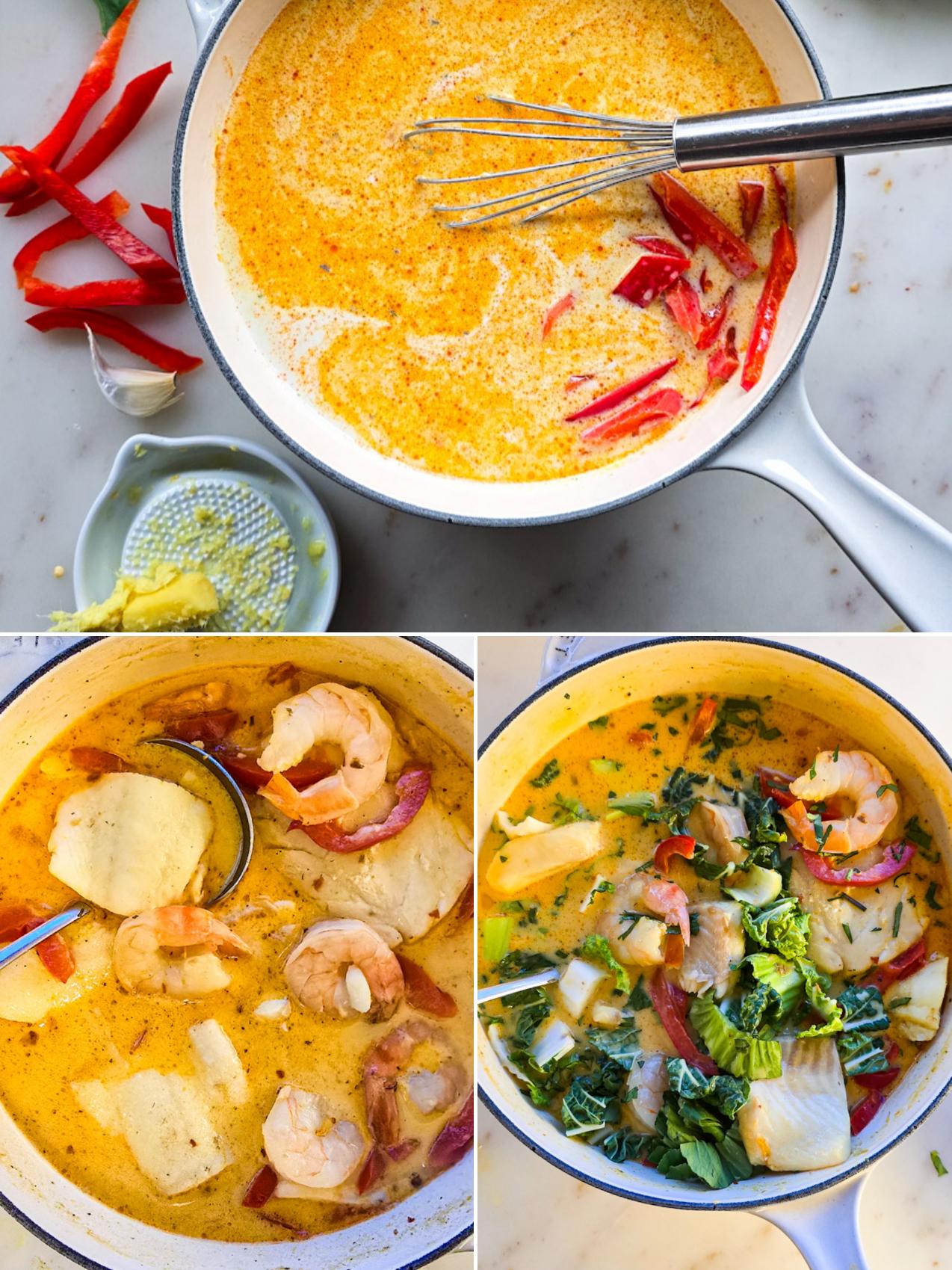 Collage showing how to prepare Thai Fish Curry