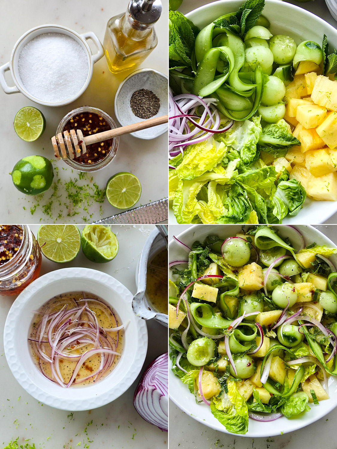 Collage showing how to asssemble Pineapple Cucumber Salad with Mint and Hot Honey Vinaigrette.