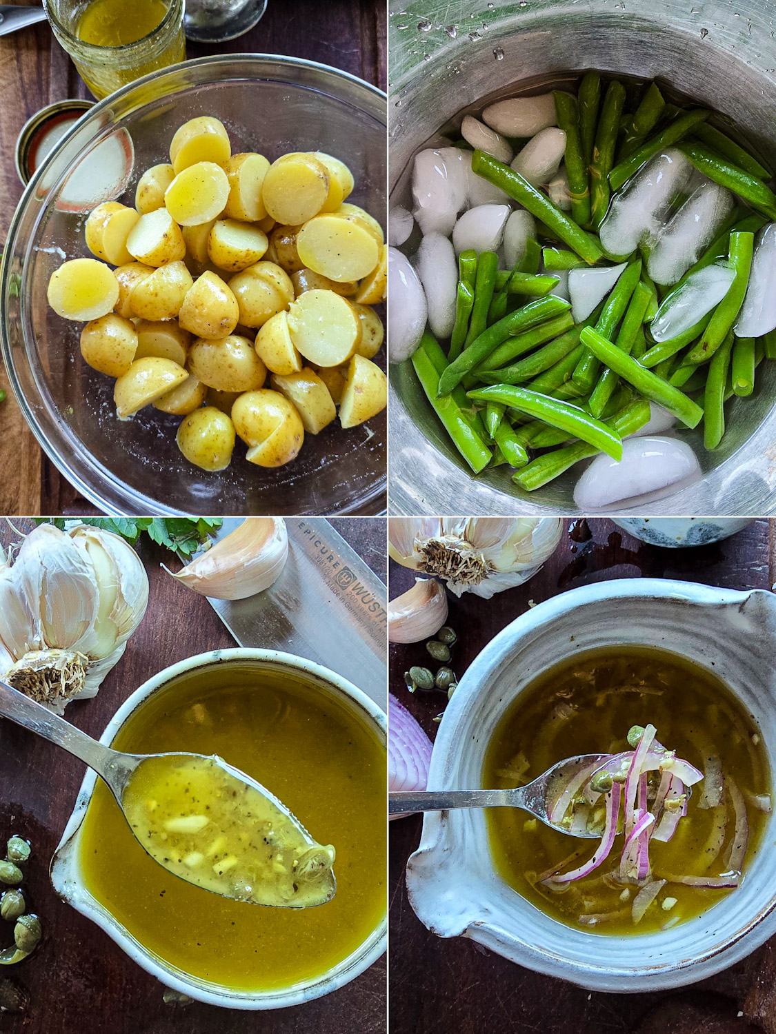 Collage showing the steps of making Nicoise Potato Salad.