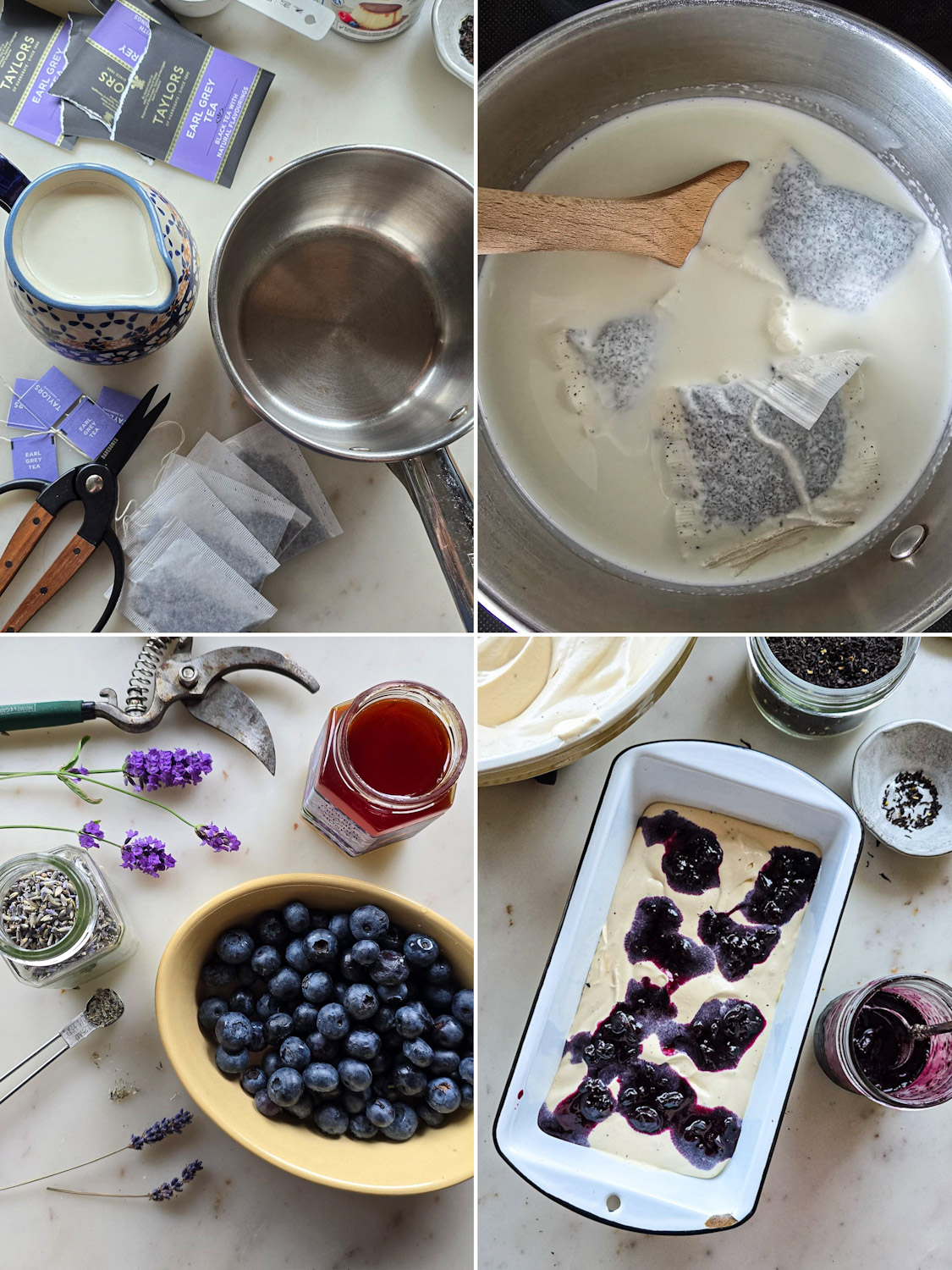 Collage showing how to create Earl Grey Ice Cream with Blueberry Lavender Swirl
