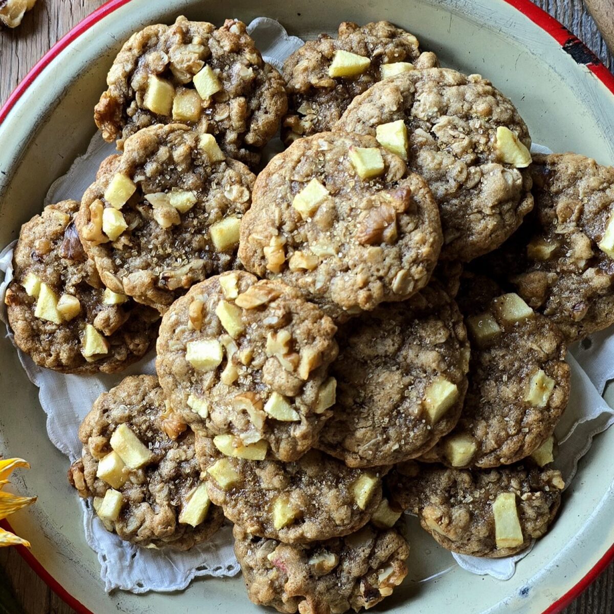Close up of a plate filled with Chewy Chai Apple Oatmeal Cookies.