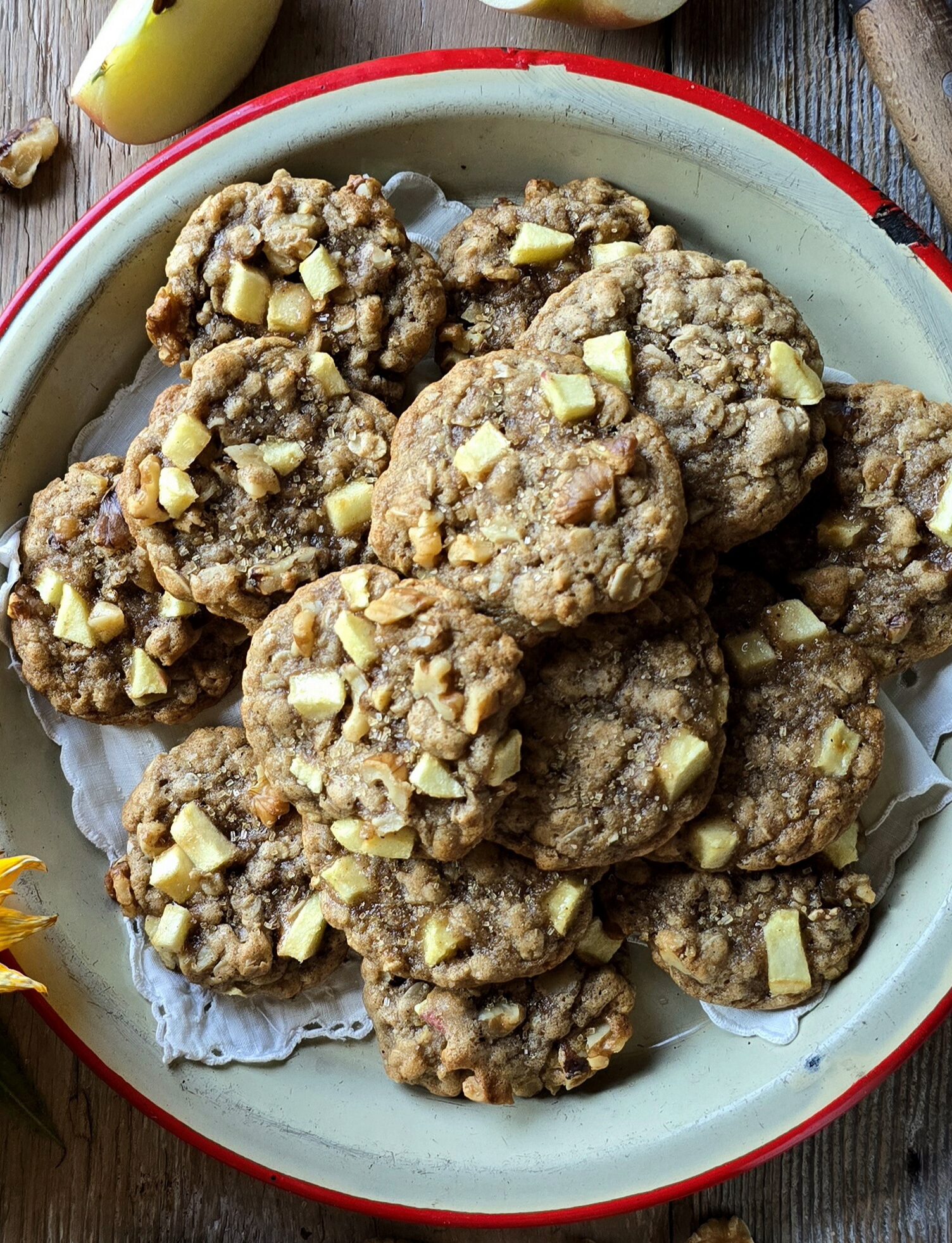 Close up of a plate filled with Chewy Chai Apple Oatmeal Cookies.