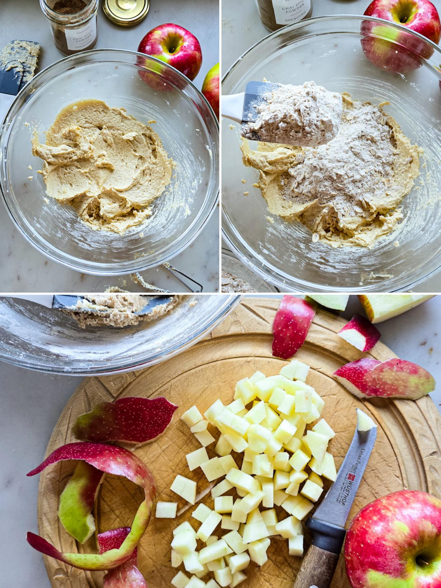 Collage showing making the dough for Chewy Chai Apple Oatmeal Cookies.