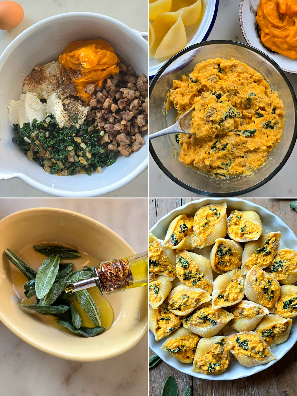 Collage showing the process of making the filling and stuffing the pasta for Squash, Kale and Sausage Stuffed Shells.