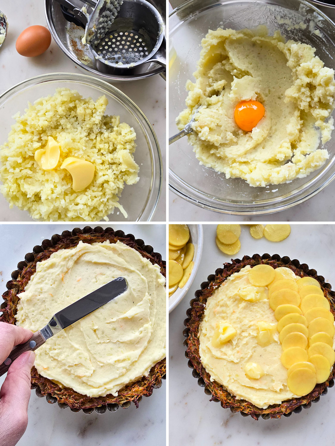 Collage showing how to assemble a Potato pie into a hash brown crust.